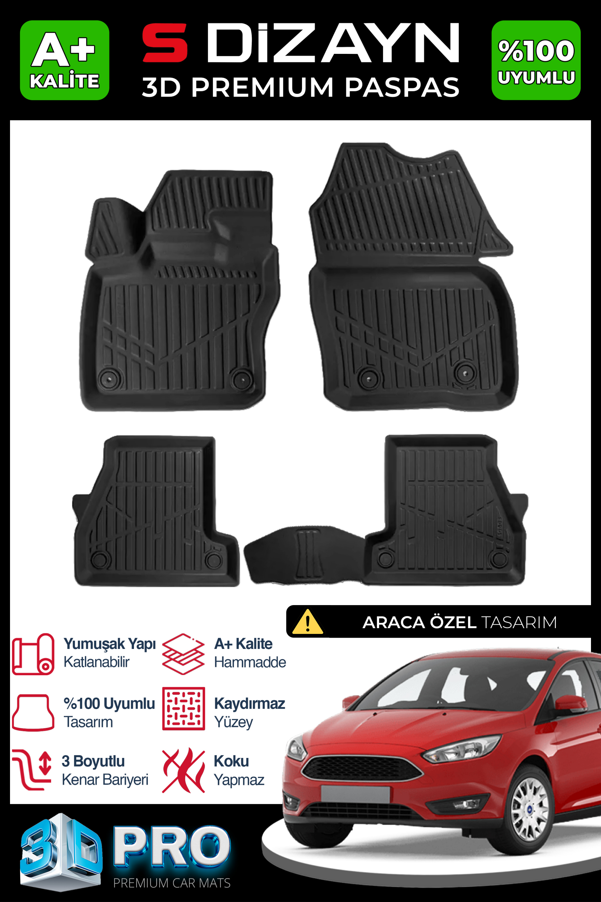 S-Dizayn Ford Focus 3 Makyajlı 3D Pro Havuzlu Paspas 2014-2019 A+ Kalite