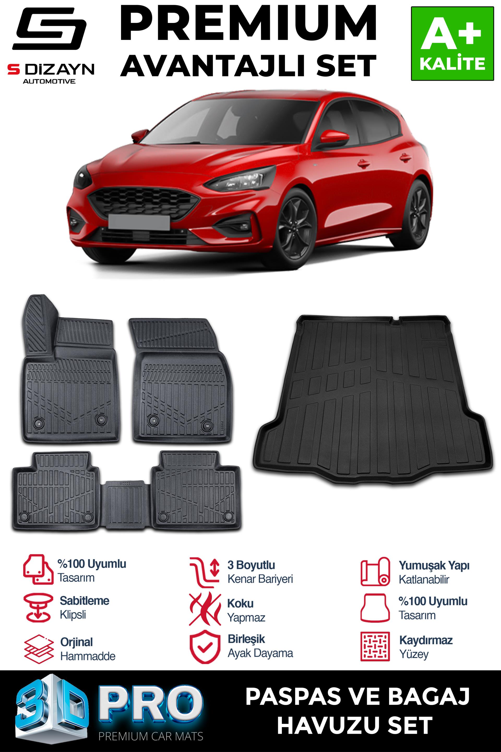 S-Dizayn Ford Focus 4 Sedan 3D Pro Havuzlu Paspas ve Bagaj Havuzu Seti (2li SET) Tamir Kitli 2019 Üzeri A+ Kalite