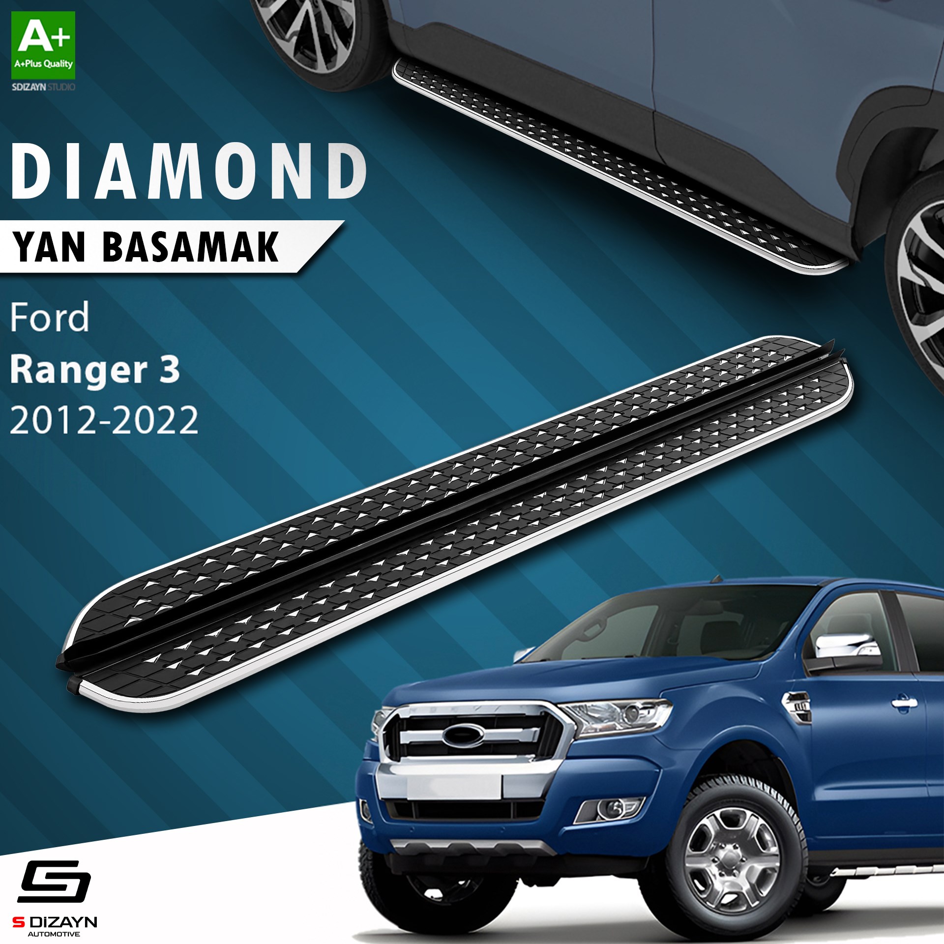S-Dizayn Ford Ranger 3 Diamond Krom Yan Basamak 203 Cm 2012-2022 A+ Kalite