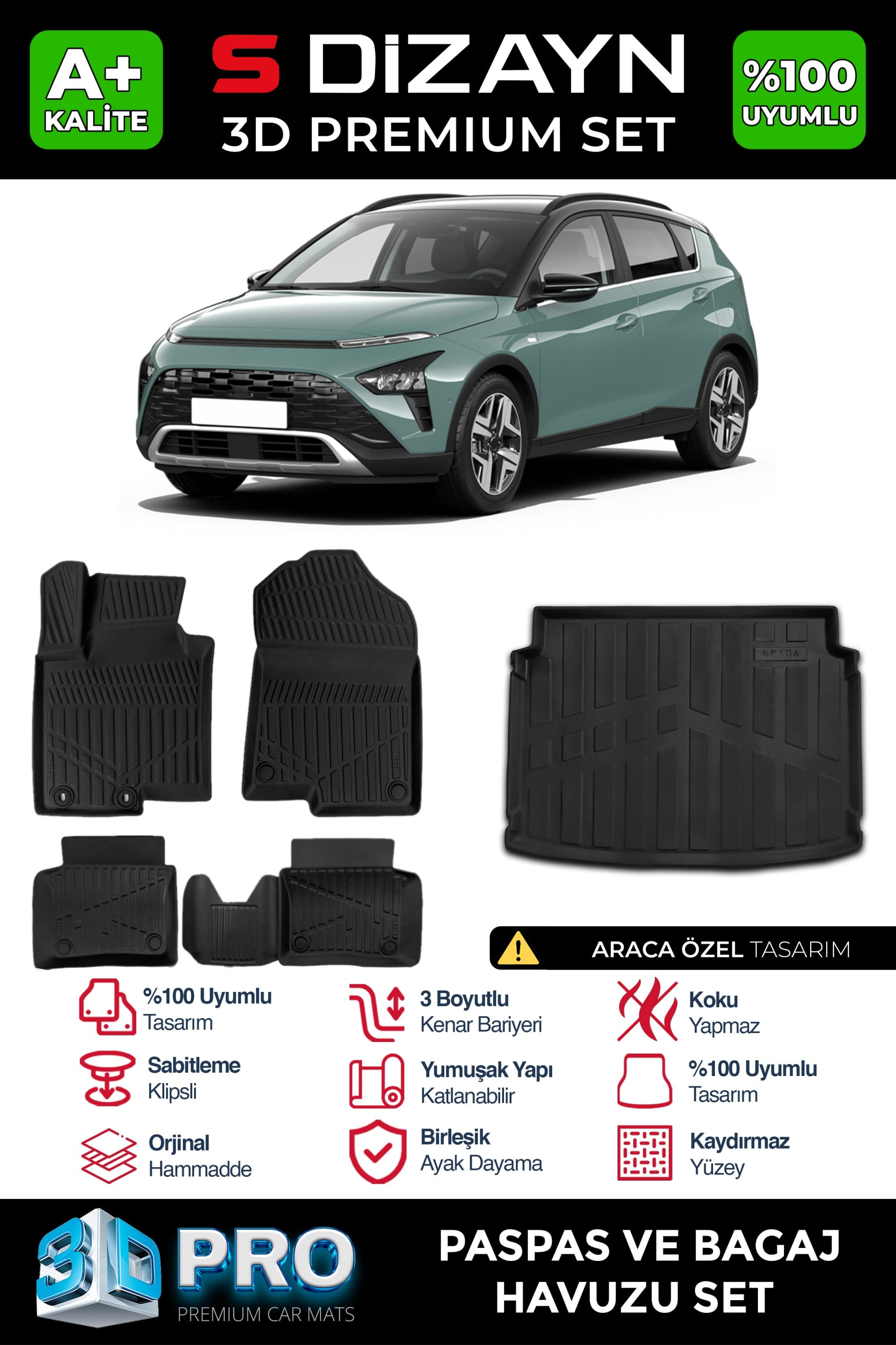 S-Dizayn Hyundai Bayon 3D Pro Havuzlu Paspas ve Bagaj Havuzu Seti (2li SET) 2021 Üzeri A+ Kalite