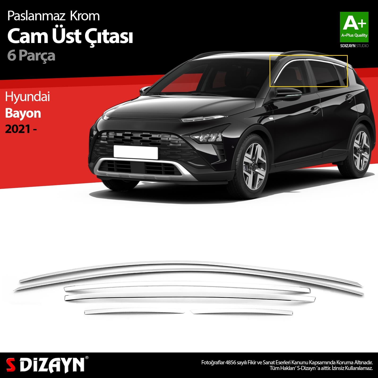 S-Dizayn Hyundai Bayon Krom Cam Üst Çıtası 6 Prç. 2021 Üzeri