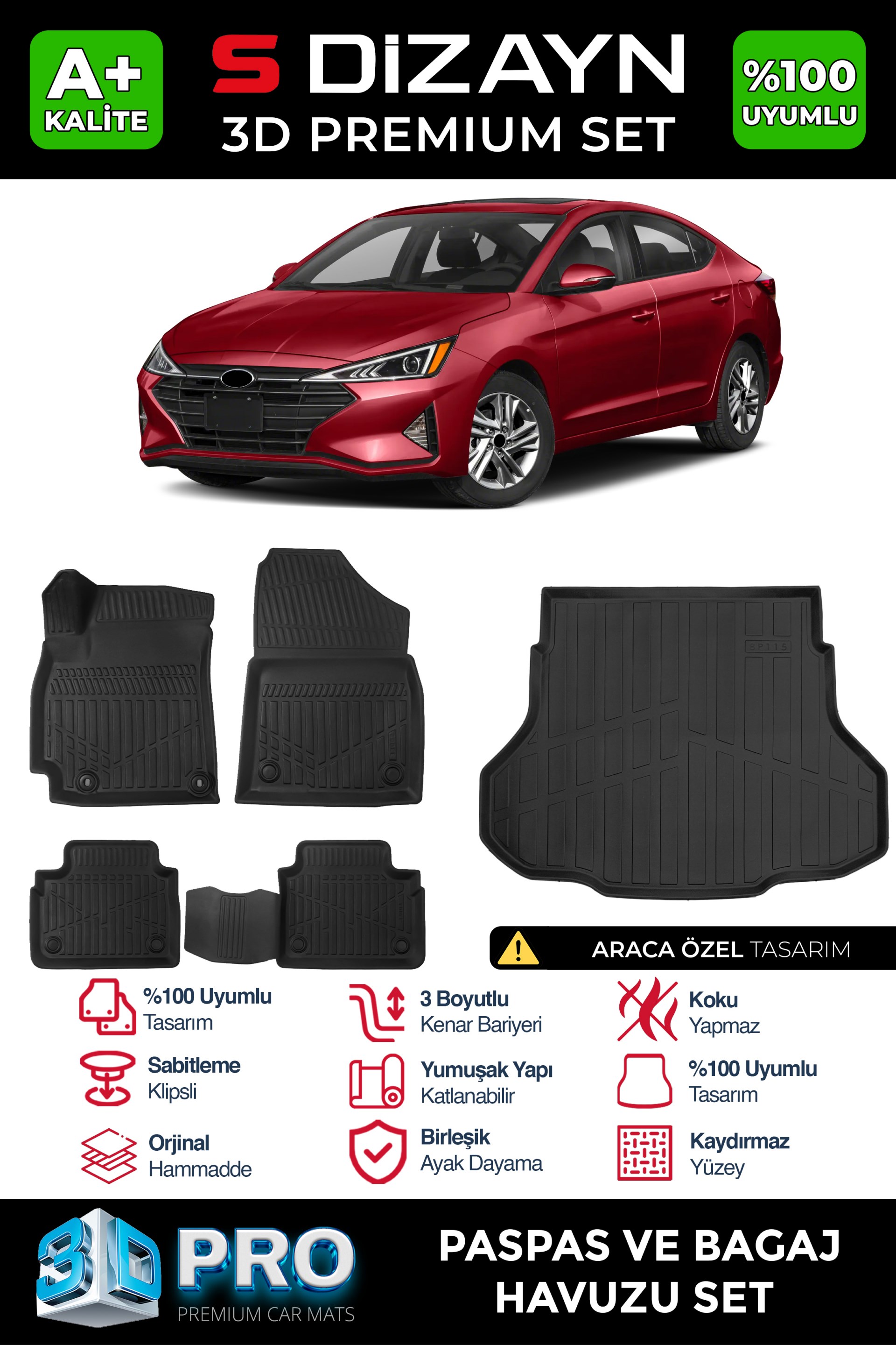 S-Dizayn Hyundai Elantra 3D Pro Havuzlu Paspas ve Bagaj Havuzu Seti (2li SET) 2020 Üzeri A+ Kalite