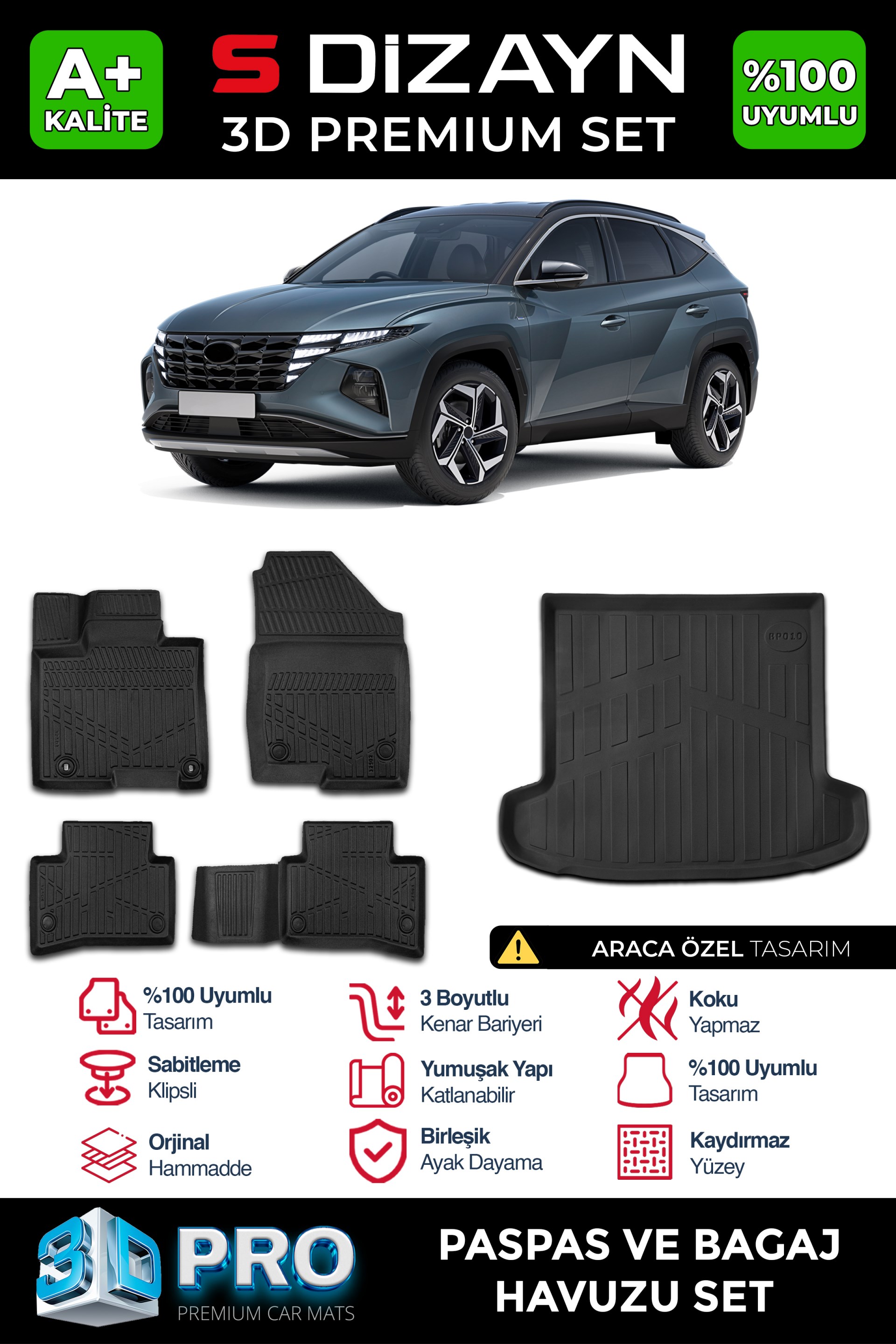 S-Dizayn Hyundai Tucson 3D Pro Havuzlu Paspas ve Bagaj Havuzu Seti (2li SET) 2021 Üzeri A+ Kalite