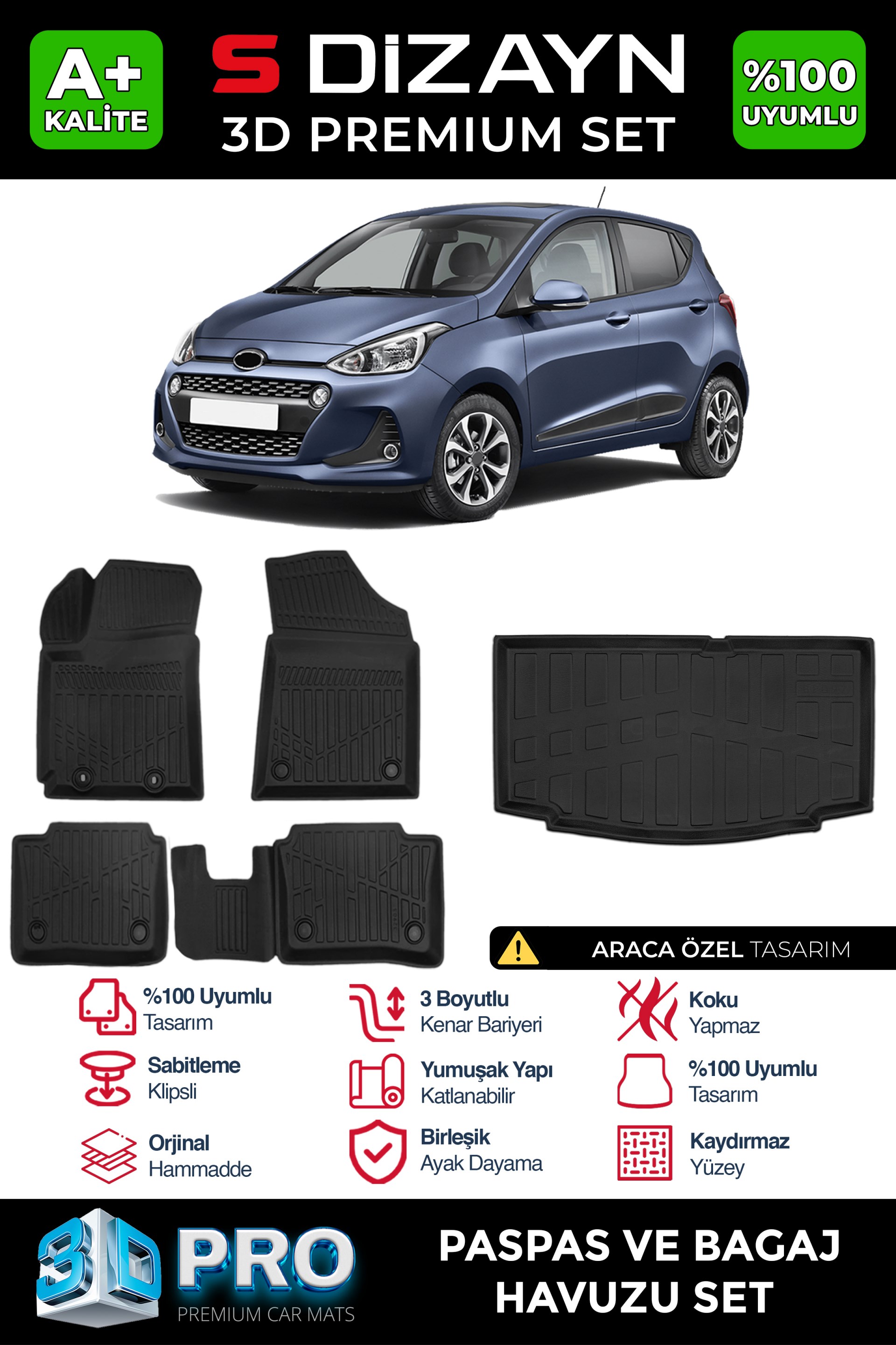 S-Dizayn Hyundai i10 3D Pro Havuzlu Paspas ve Bagaj Havuzu Seti (2li SET) 2013-2019 A+ Kalite