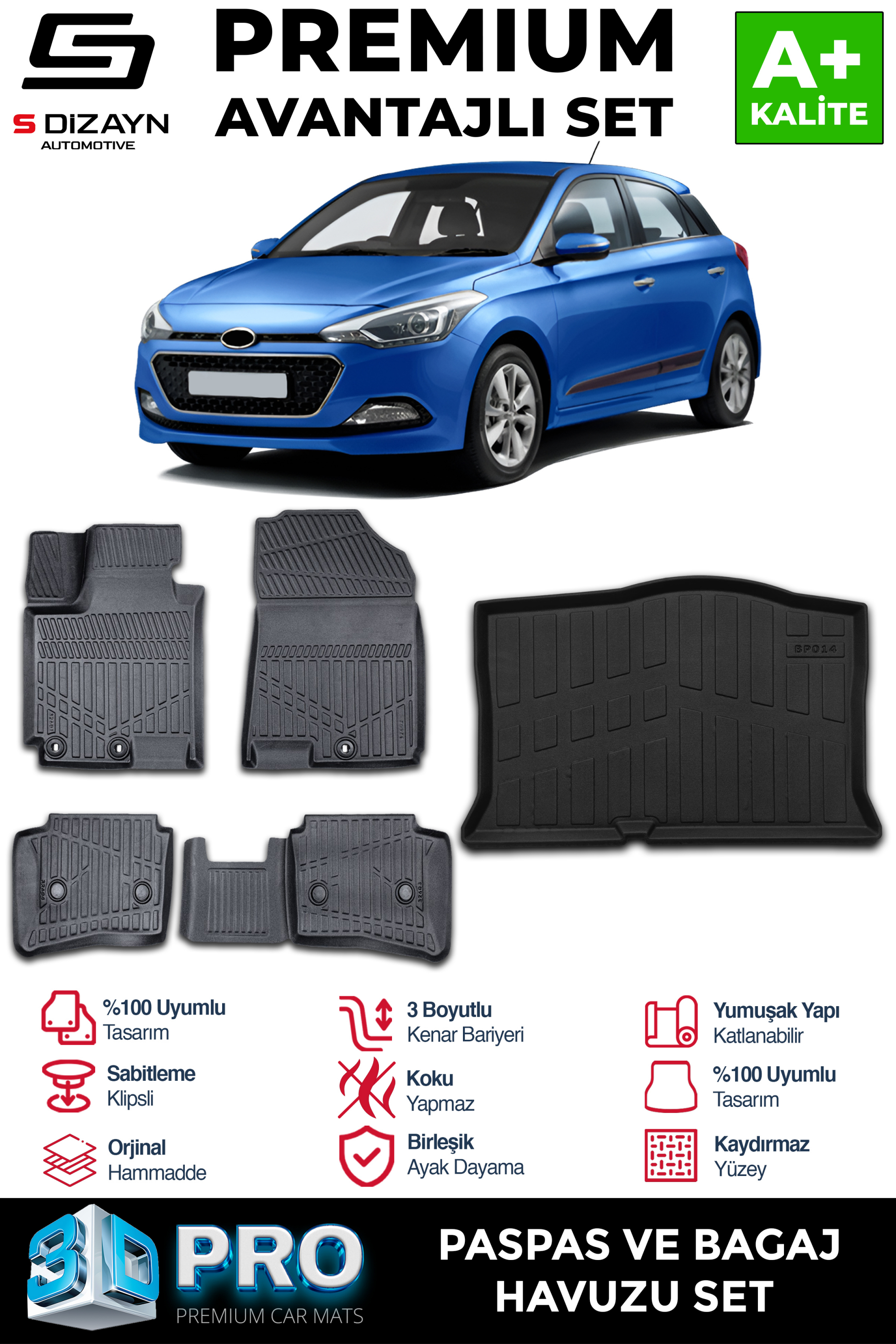 S-Dizayn Hyundai i20 3D Pro Havuzlu Paspas ve Bagaj Havuzu Seti (2li SET) 2014-2020 A+ Kalite