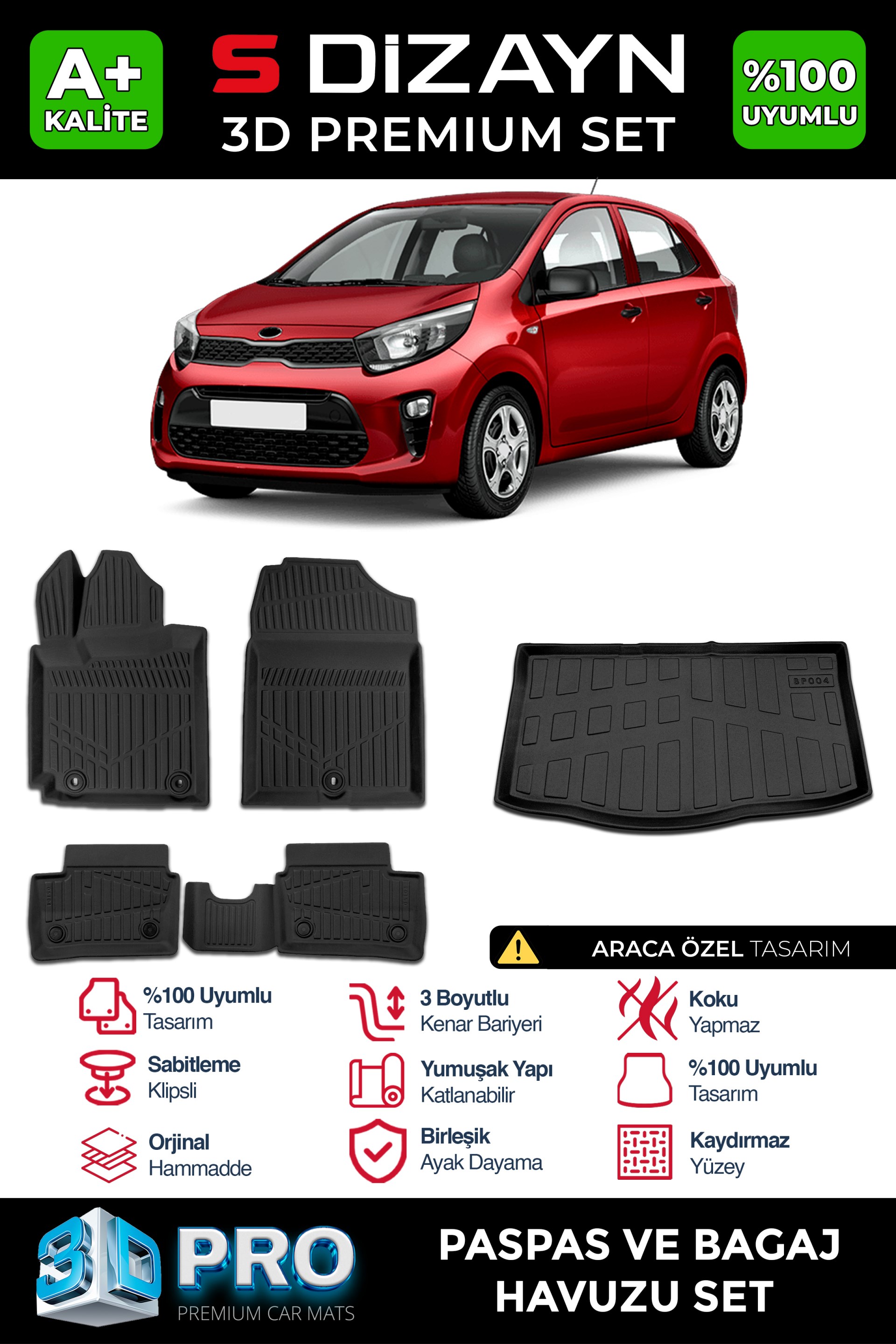 S-Dizayn Kia Picanto 3D Pro Havuzlu Paspas ve Bagaj Havuzu Seti (2li SET) 2017 Üzeri A+ Kalite