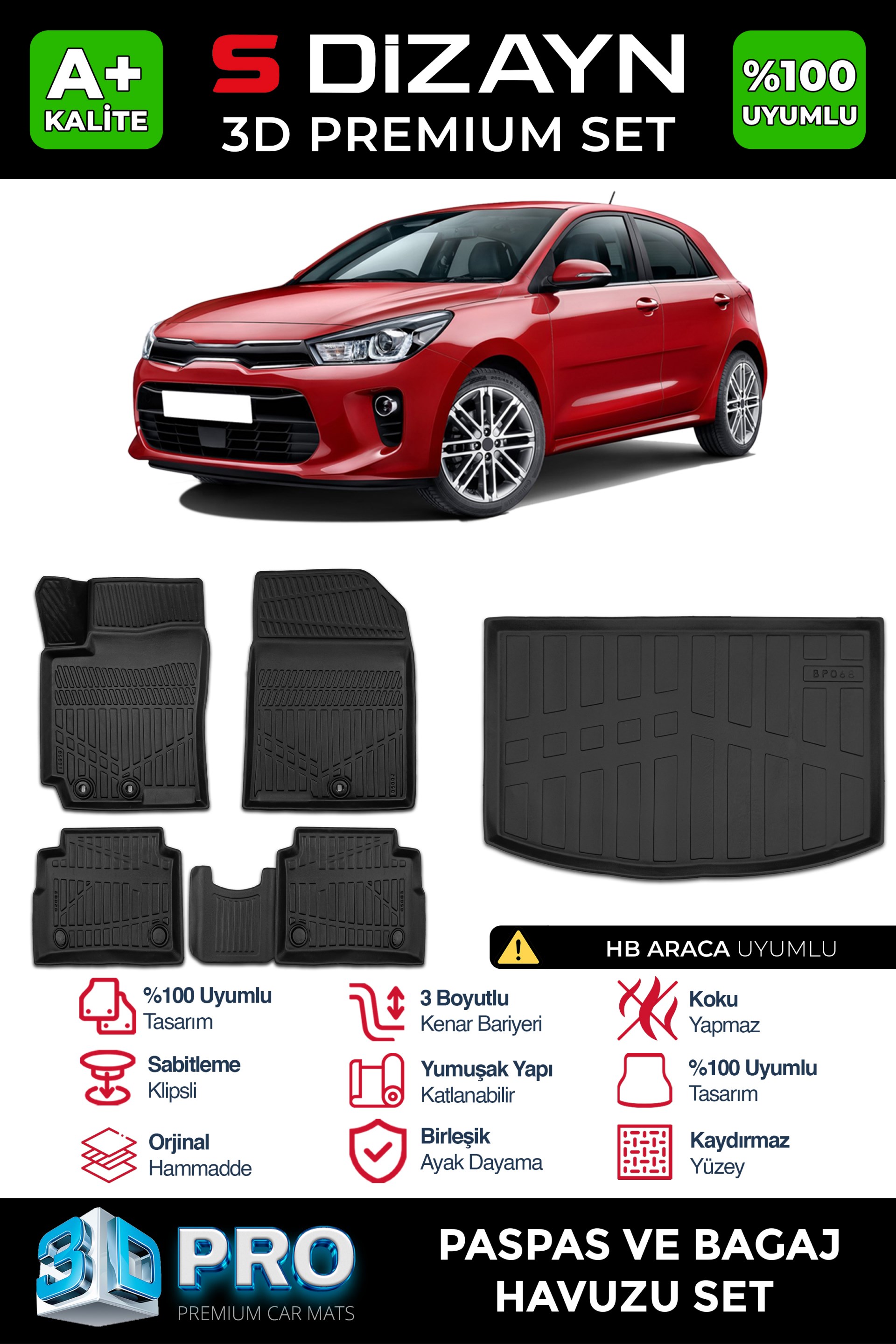 S-Dizayn Kia Rio 3D Pro Havuzlu Paspas ve Bagaj Havuzu Seti (2li SET) 2017-2023 A+ Kalite