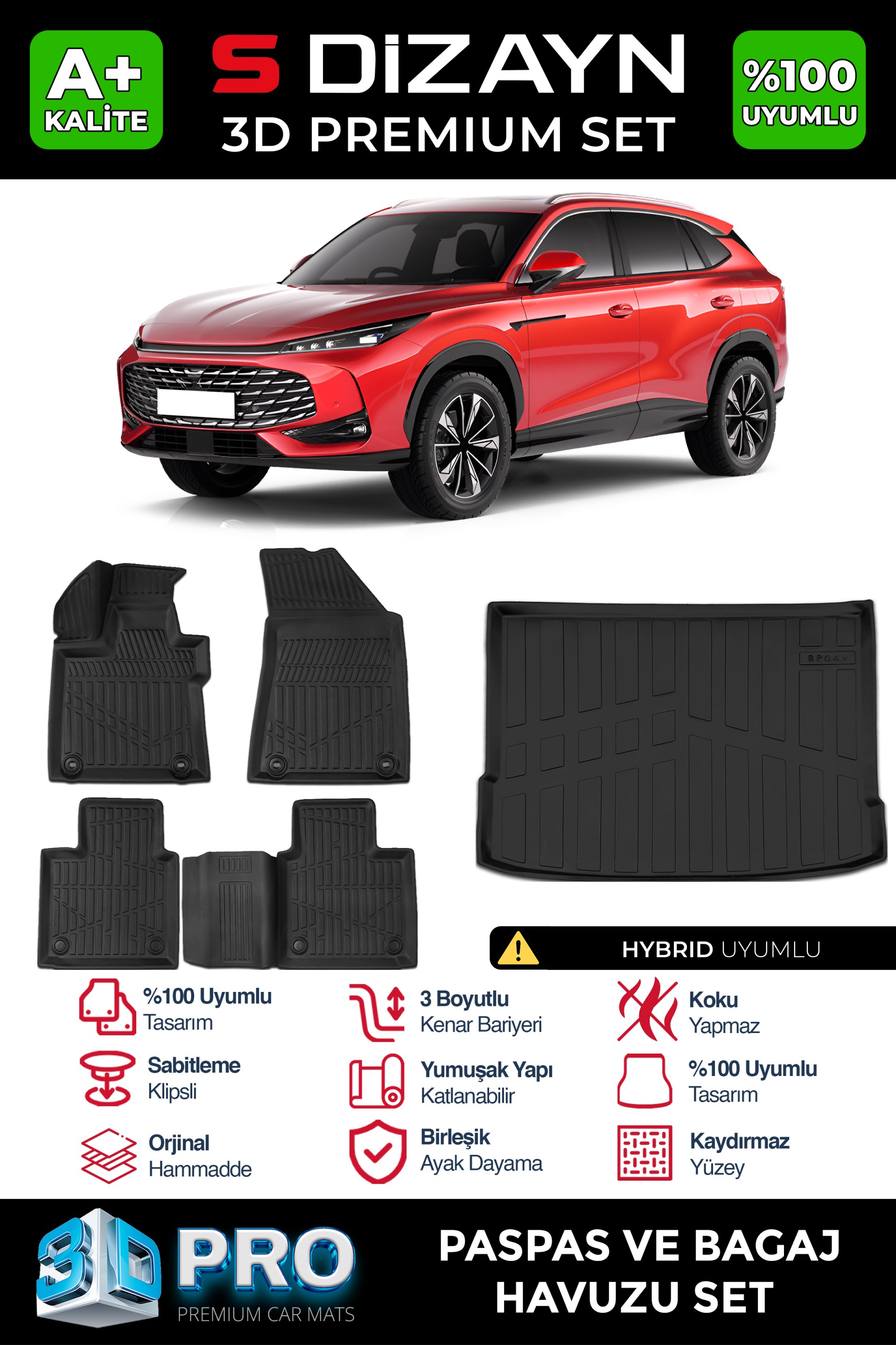 S-Dizayn MG HS Turbo Hybrid 3D Pro Havuzlu Paspas ve Bagaj Havuzu Seti (2li SET) 2024 Üzeri A+ Kalite