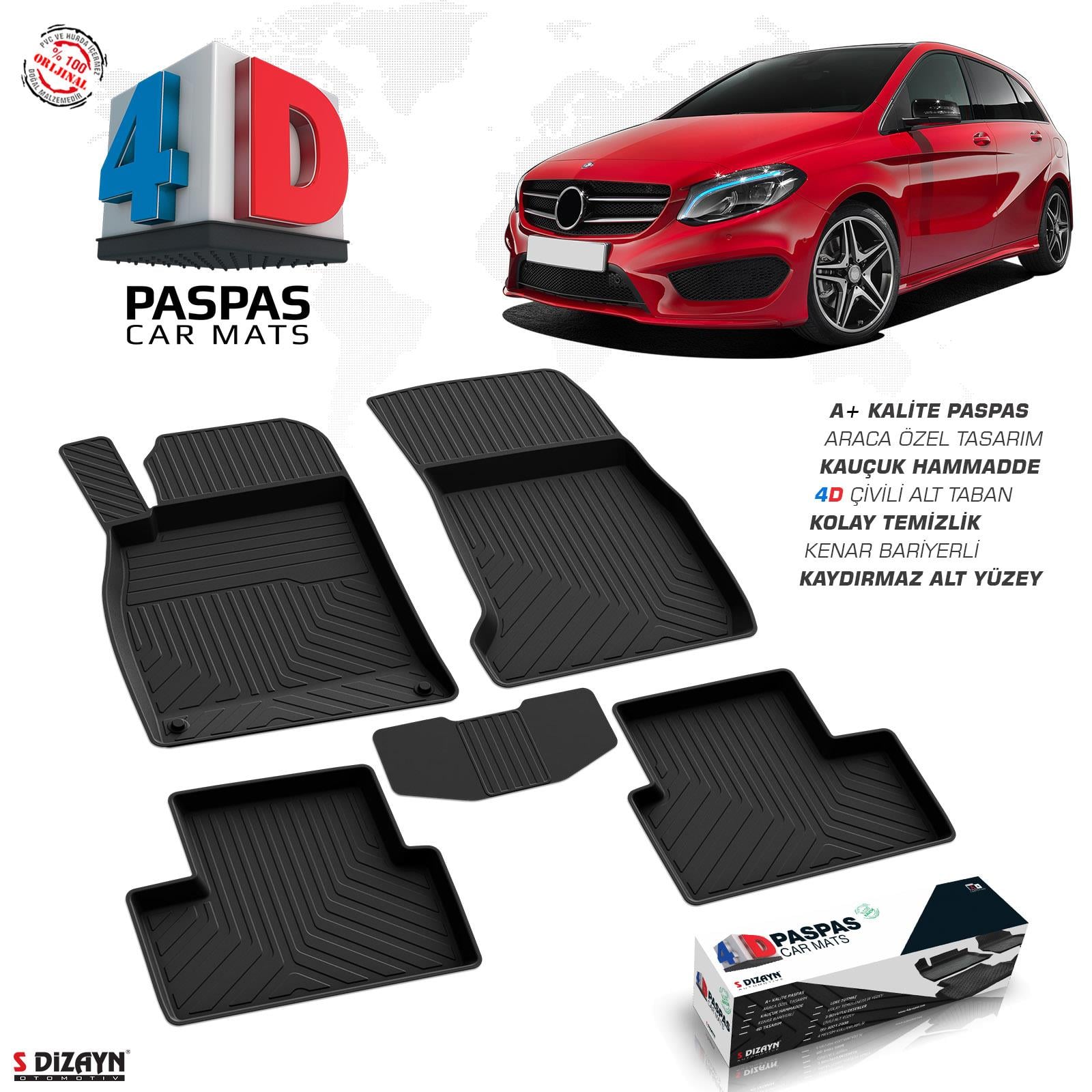 S-Dizayn Mercedes B Serisi W246 4D Havuzlu Paspas 2012-2018 A+Kalite