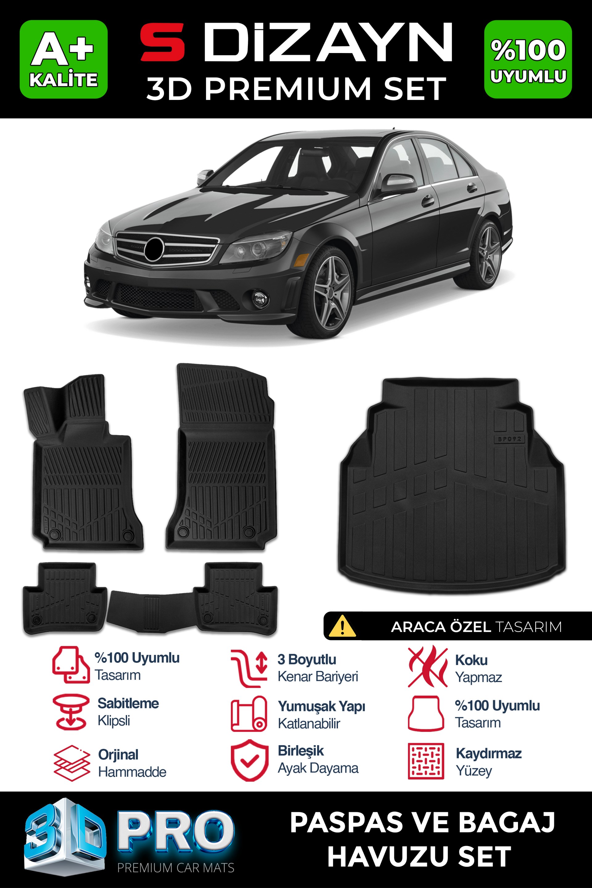 S-Dizayn Mercedes C Serisi W204 3D Pro Havuzlu Paspas ve Bagaj Havuzu Seti (2li SET) 2007-2014 A+ Kalite