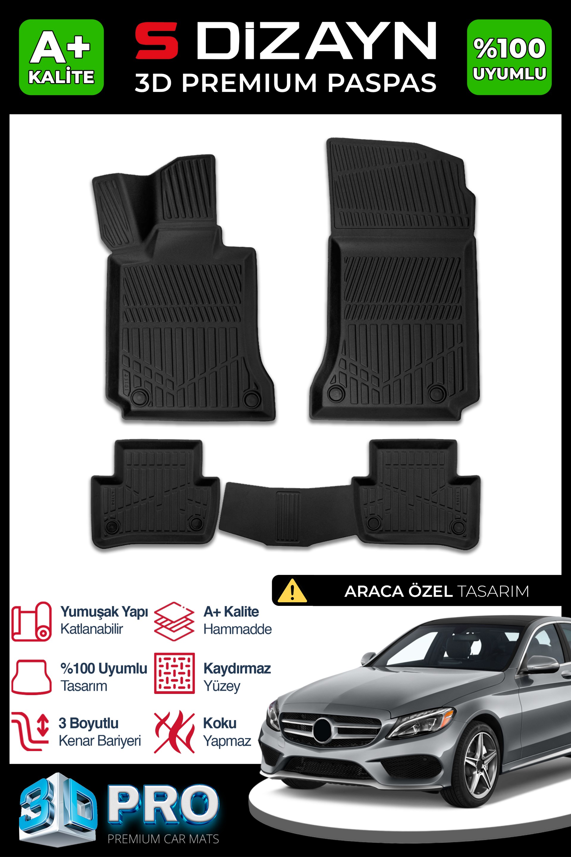S-Dizayn Mercedes C Serisi W205 3D Pro Havuzlu Paspas ve Bagaj Havuzu Seti (2li SET) 2014-2020 A+ Kalite