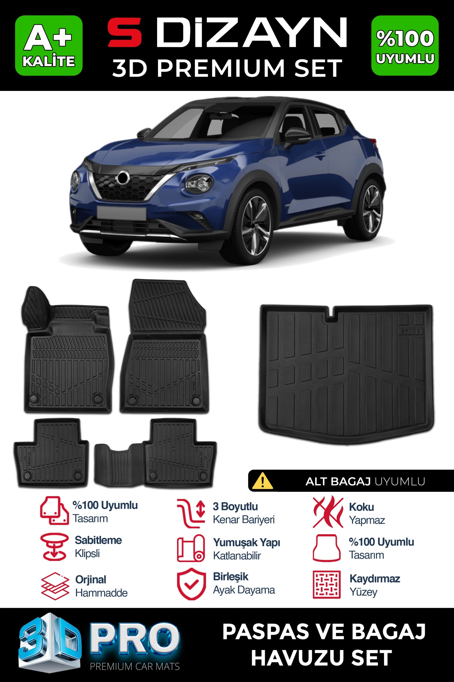 S-Dizayn Nissan Juke 3D Pro Havuzlu Paspas ve Alt Bagaj Havuzu Seti (2li SET) 2019 Üzeri A+ Kalite