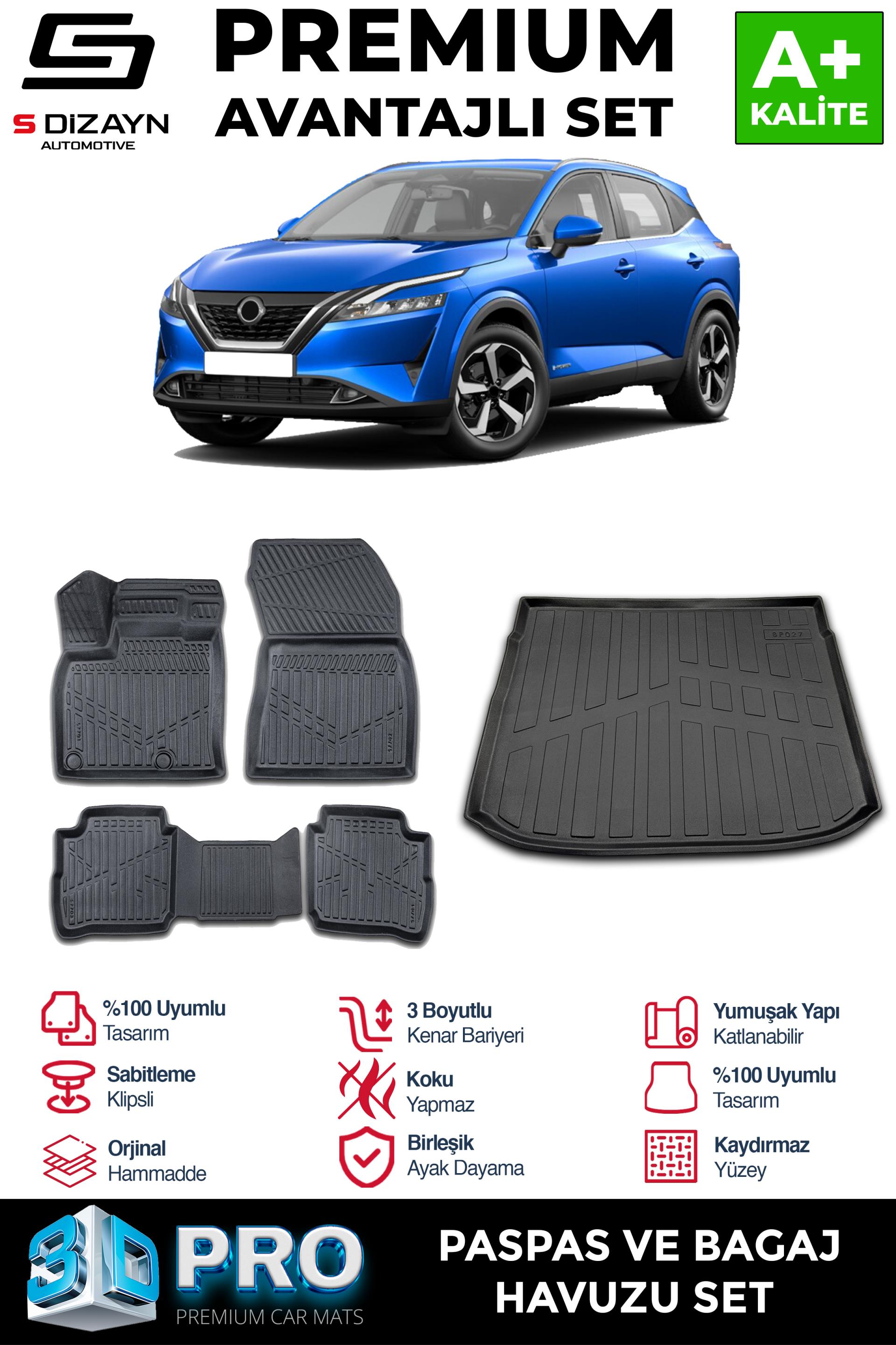 S-Dizayn Nissan Qashqai E-Power 3D Pro Havuzlu Paspas ve Üst Bagaj Havuzu Seti (2li SET) 2021-2024 A+ Kalite