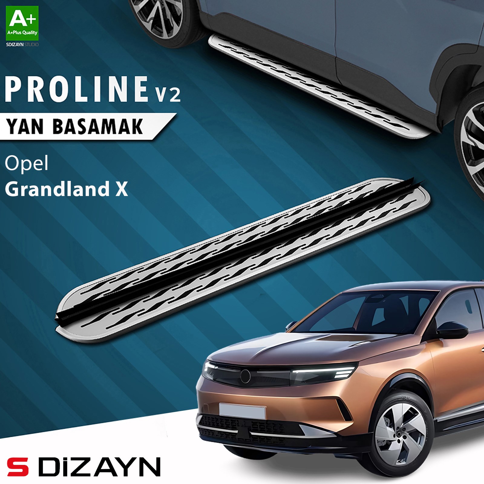 S-Dizayn Opel Grandland 2 Elektrikli OEM Still Pro V2 Aluminyum Yan Basamak 193 Cm 2024 Üzeri A+ Kalite