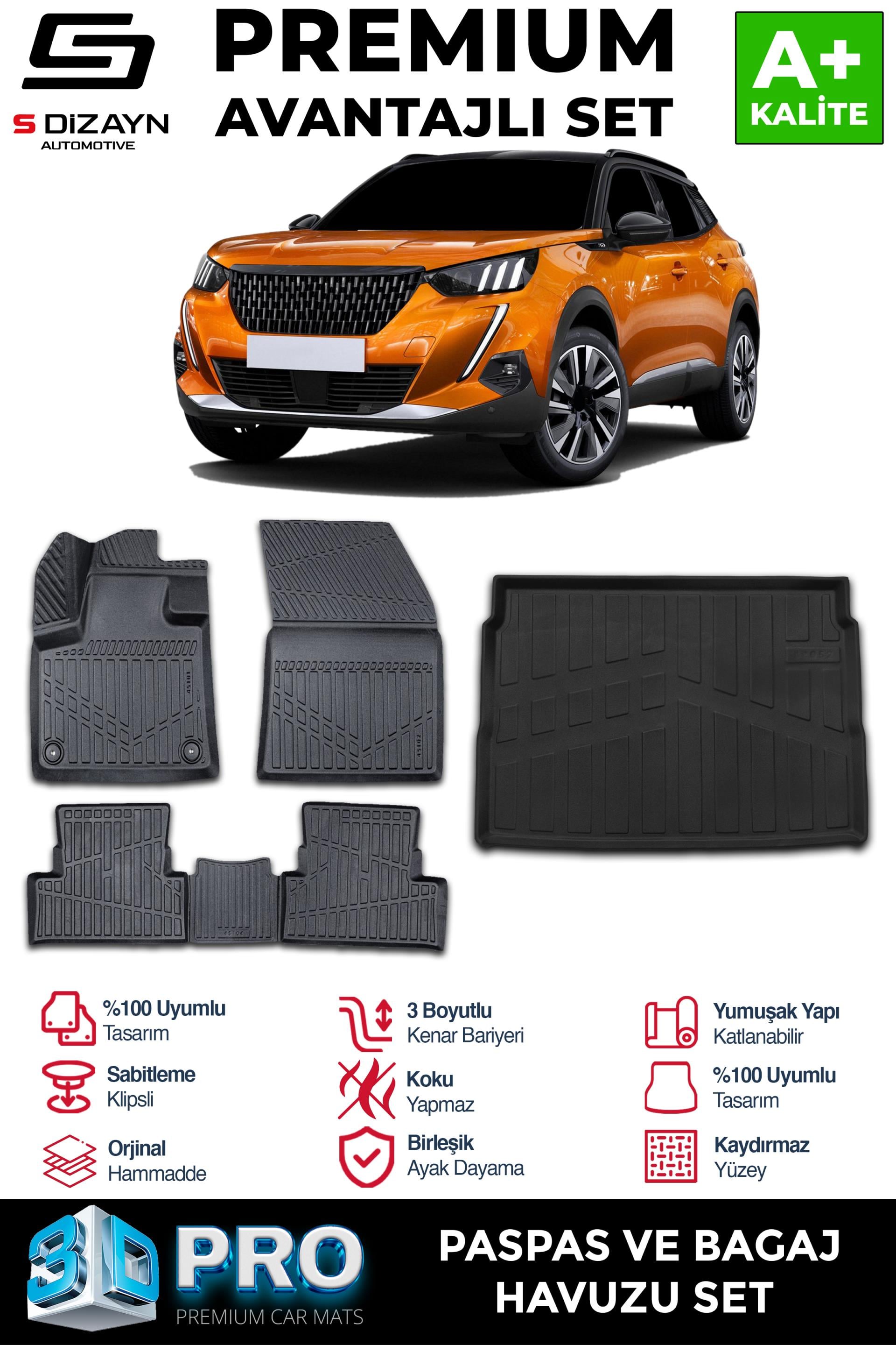 S-Dizayn Peugeot 2008 3D Pro Havuzlu Paspas ve Üst Bagaj Havuzu Seti (2li SET)  2019-2023 A+ Kalite