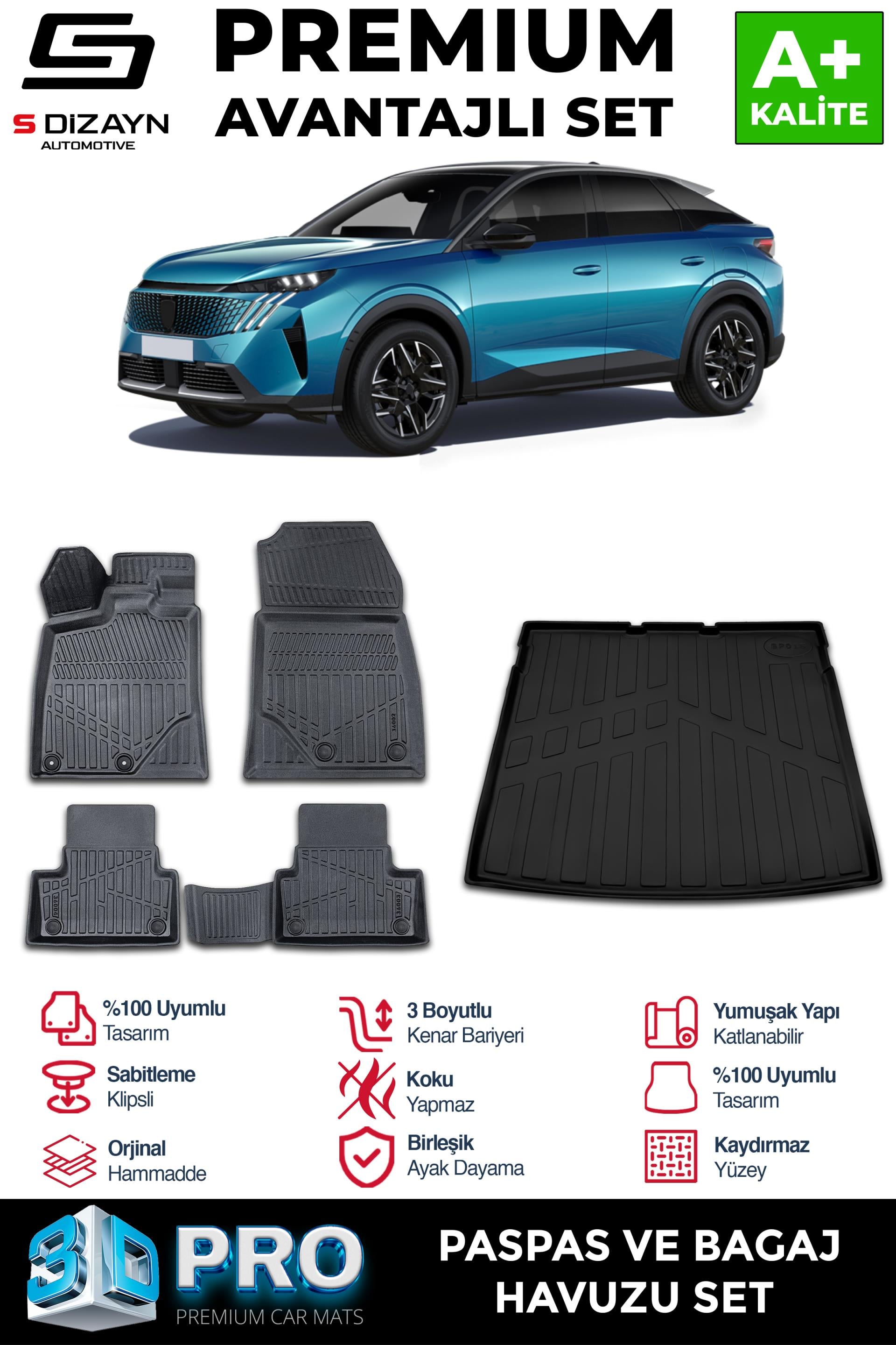 S-Dizayn Peugeot 3008 Hybrid 3D Pro Havuzlu Paspas ve Bagaj Havuzu Seti (2li SET) 2024 Üzeri A+ Kalite