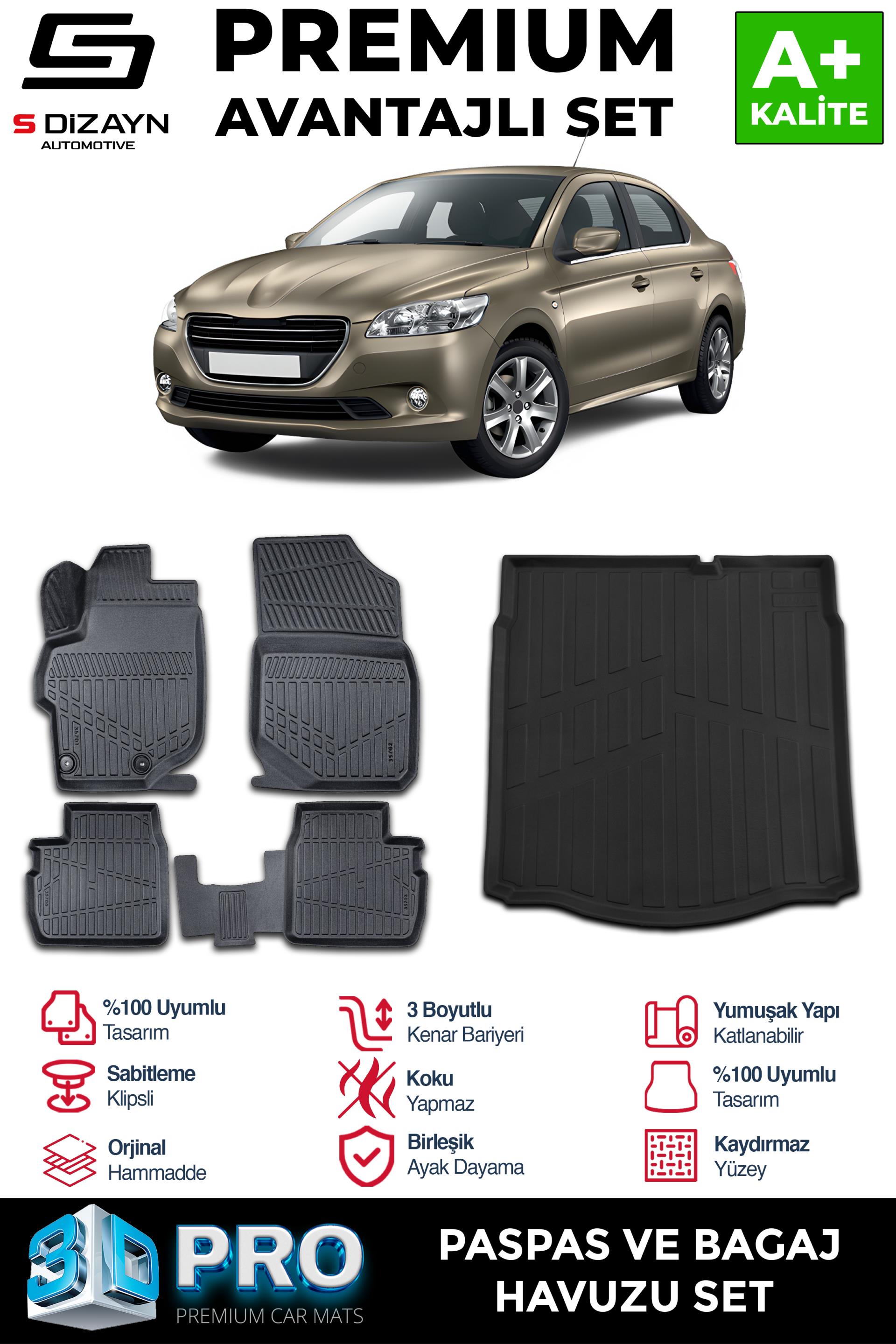 S-Dizayn Peugeot 301 3D Pro Havuzlu Paspas ve Bagaj Havuzu Seti (2li SET) 2013 Üzeri A+ Kalite