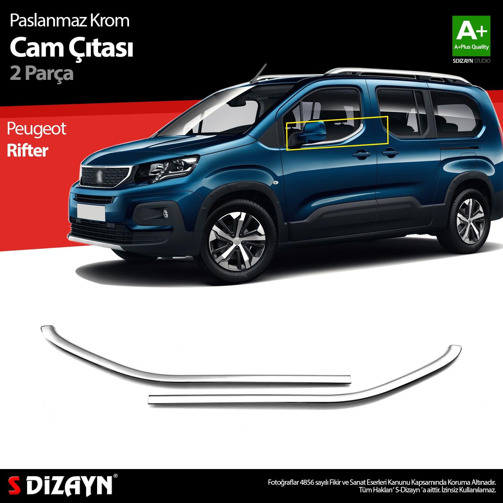S-Dizayn Peugeot Rifter Krom Cam Çıtası 2 Prç. 2019 Üzeri A+ Kalite