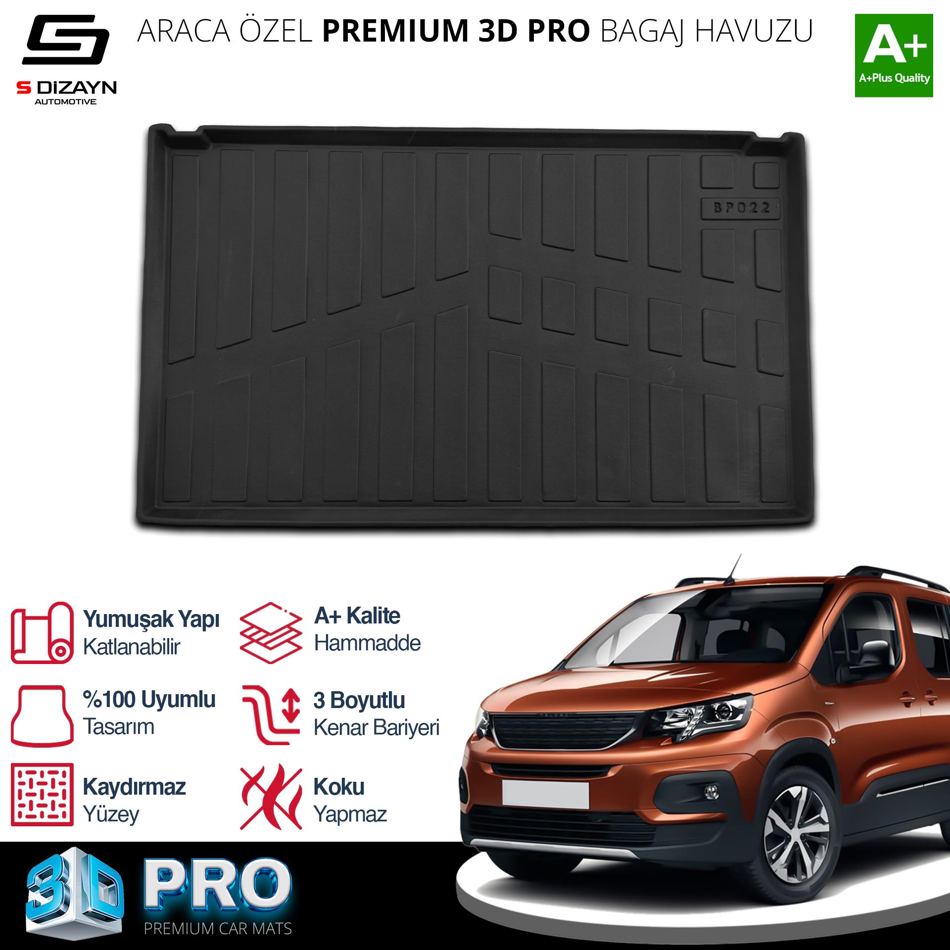 S-Dizayn Peugeot Rifter Seperatörlü 3D Pro Bagaj Havuzu 2019 Üzeri A+ Kalite