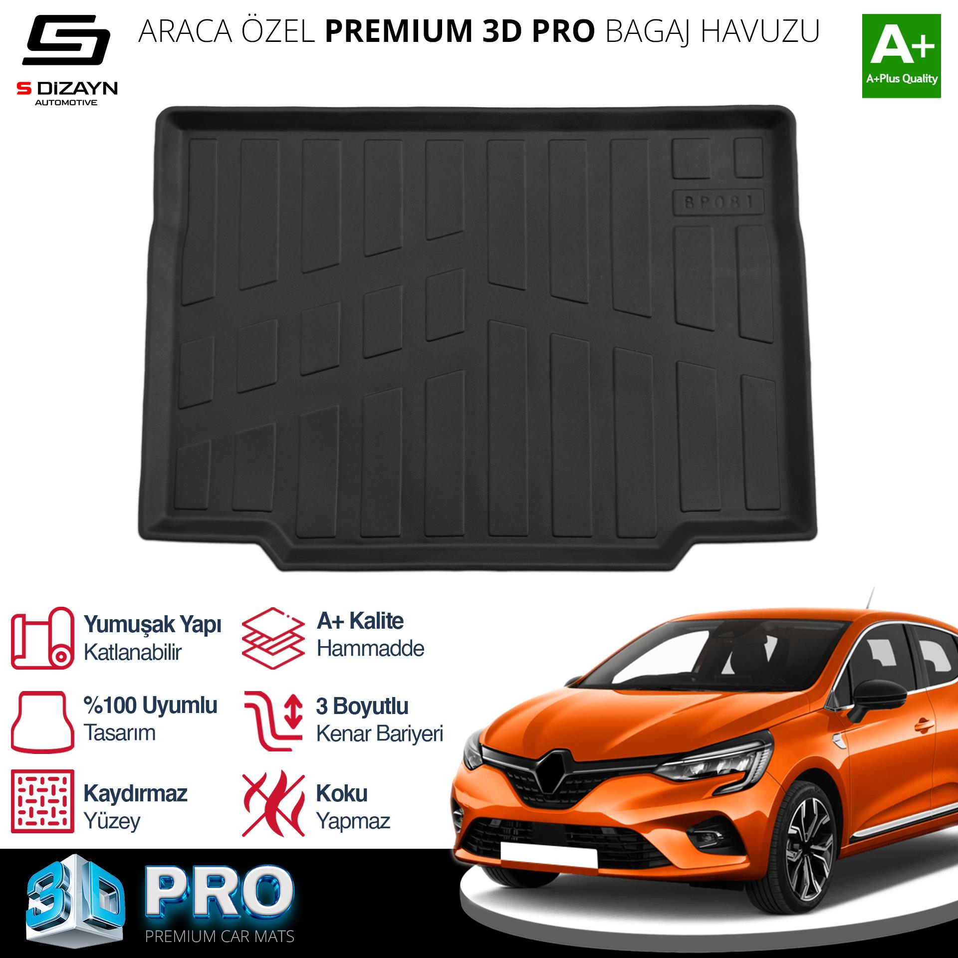 S-Dizayn Renault Clio 5 3D Pro Bagaj Havuzu 2019-2026 A+ Kalite