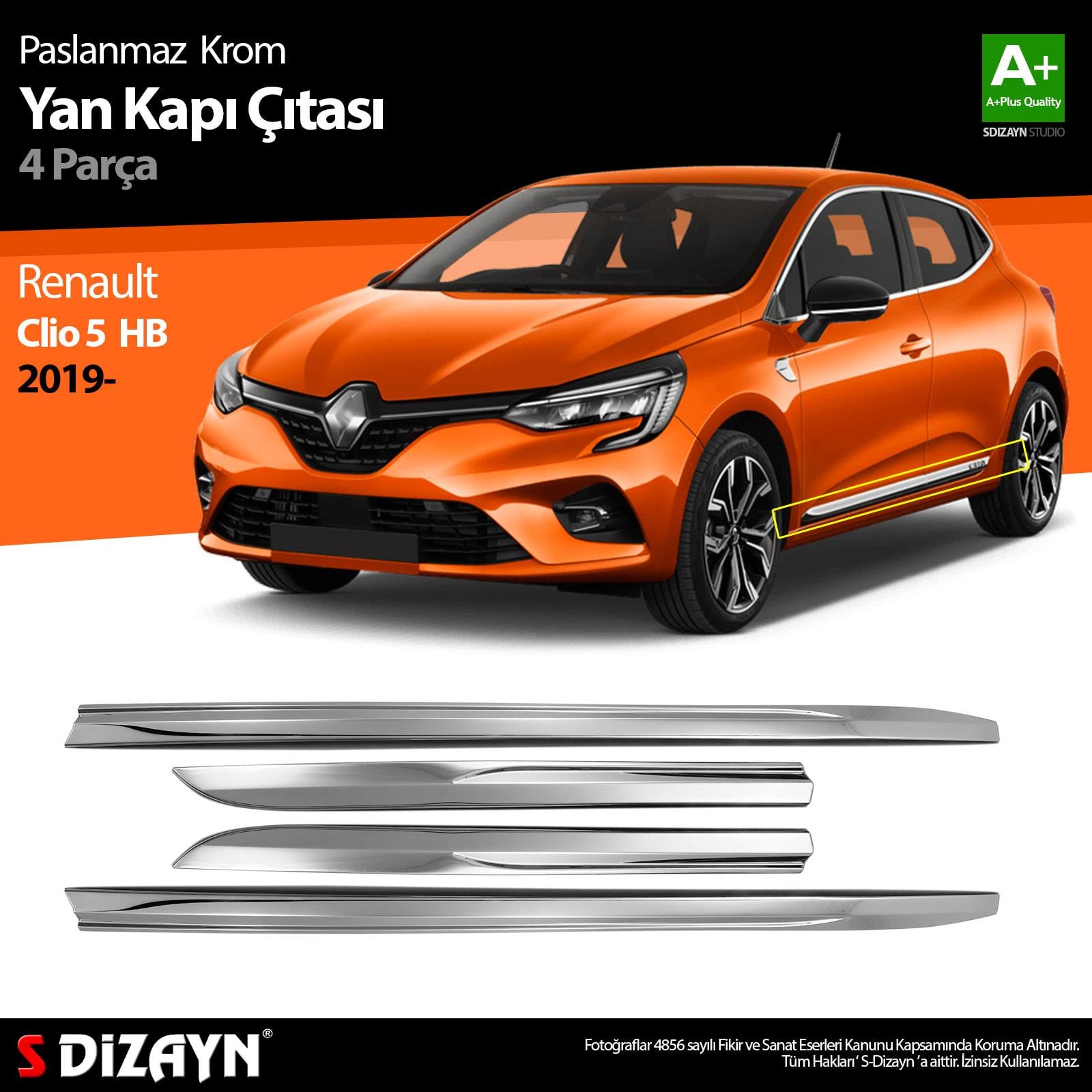 S-Dizayn Renault Clio 5 Krom Yan Kapı Çıtası 4 Prç. 2019-2026