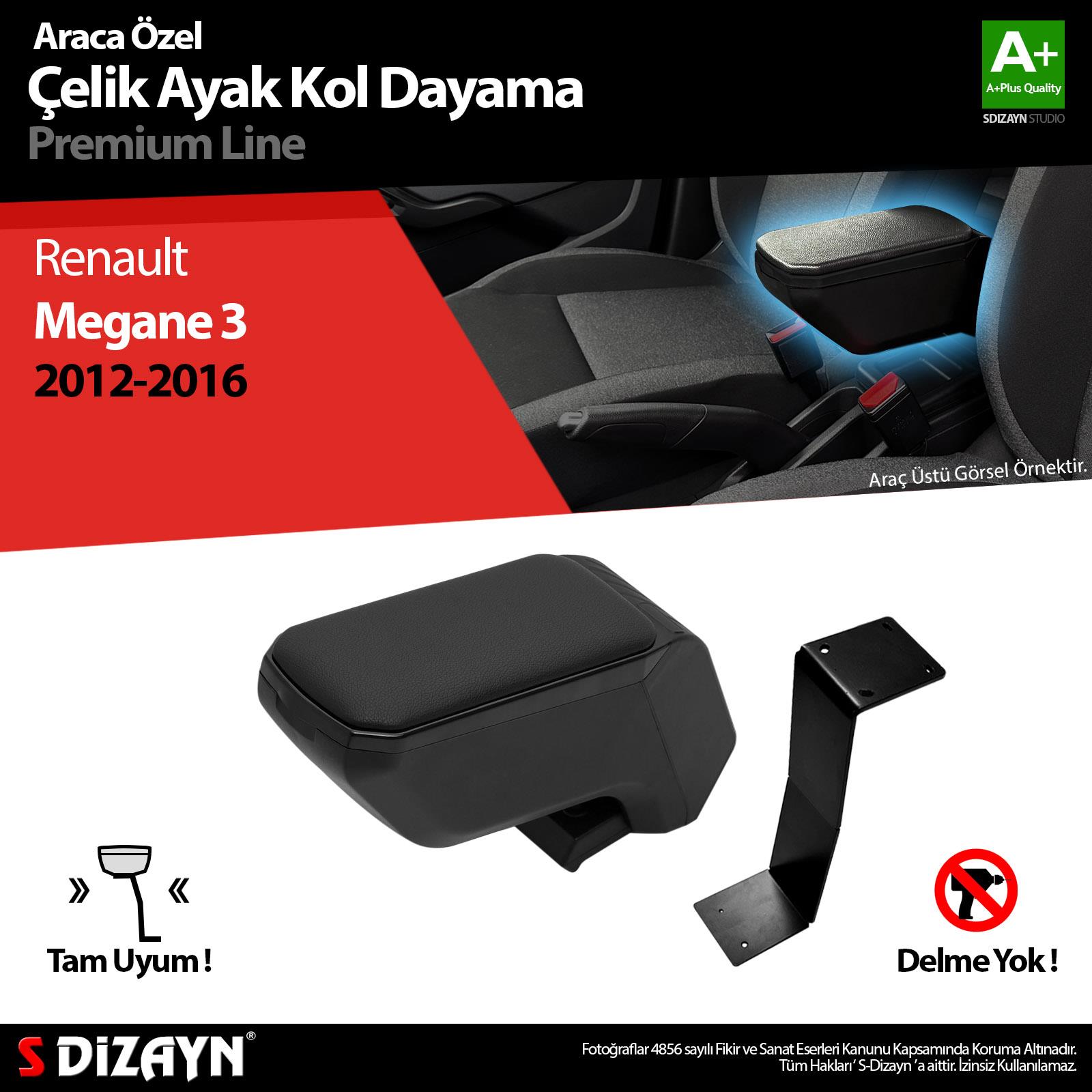 S-Dizayn Renault Megane 3 Kol Dayama Kolçak Çelik Ayaklı ABS Siyah 2012-2016 A+Kalite
