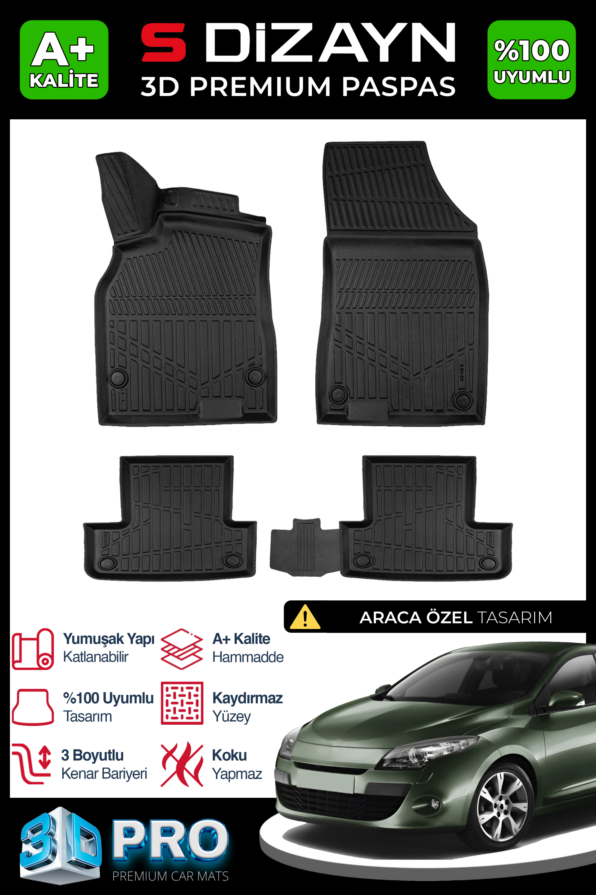 S-Dizayn Renault Megane 3 SW 3D Pro Havuzlu Paspas 2010-2015 A+ Kalite