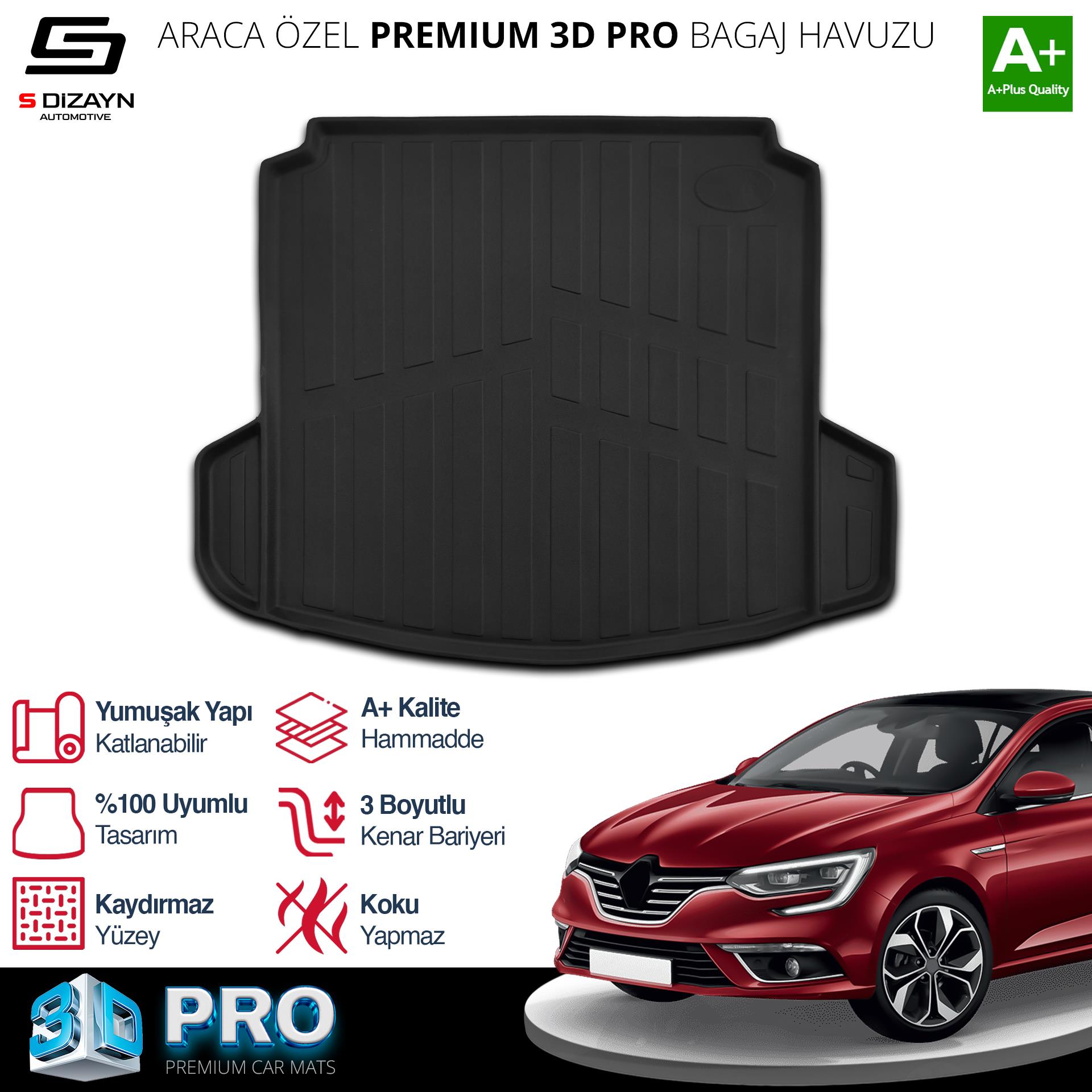 S-Dizayn Renault Megane 4 Sedan 3D Pro Bagaj Havuzu Çift Kulaklı 2016 Üzeri A+ Kalite