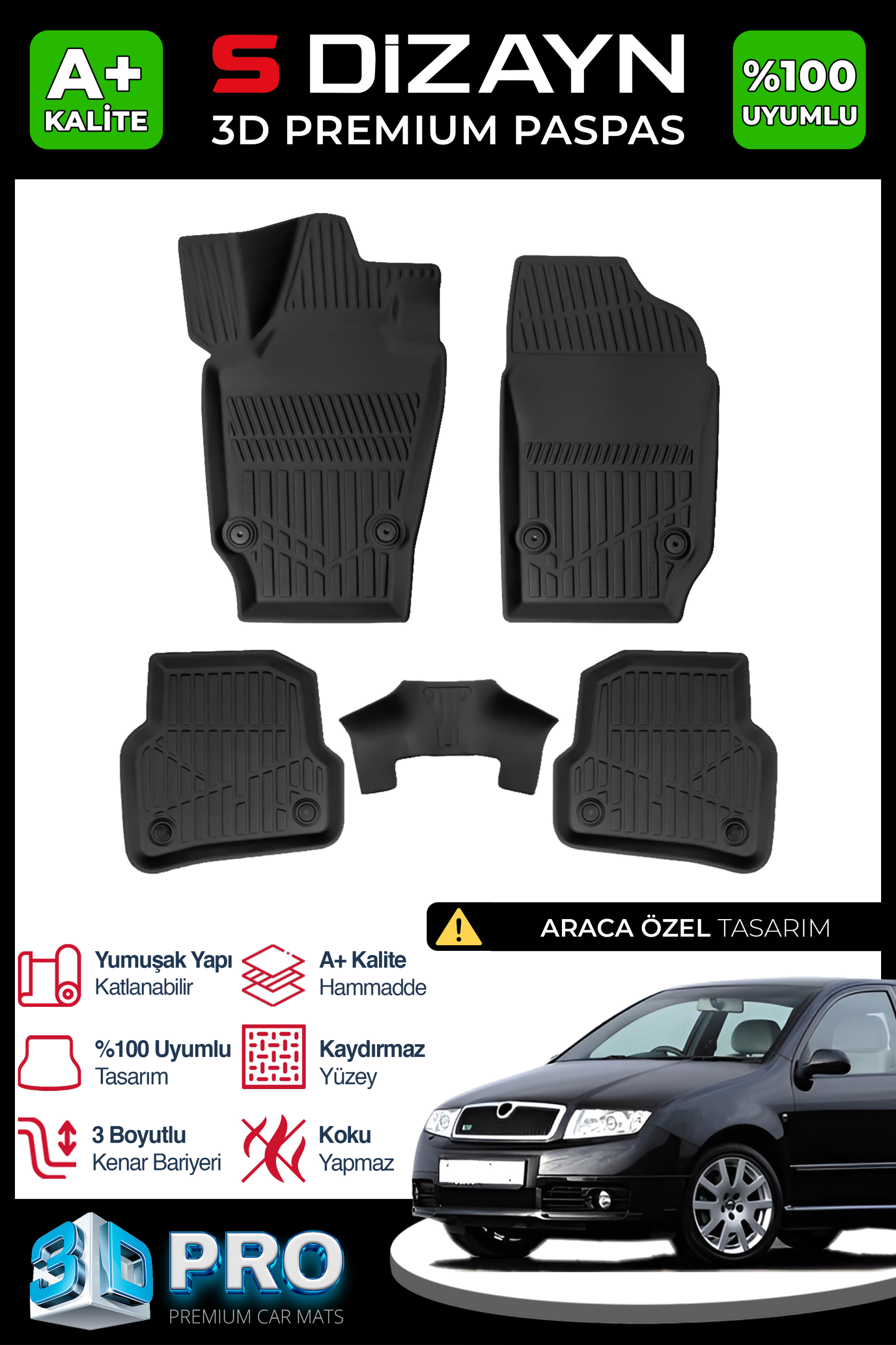 S-Dizayn Skoda Fabıa 3D Pro Havuzlu Paspas 1999-2007 A+ Kalite