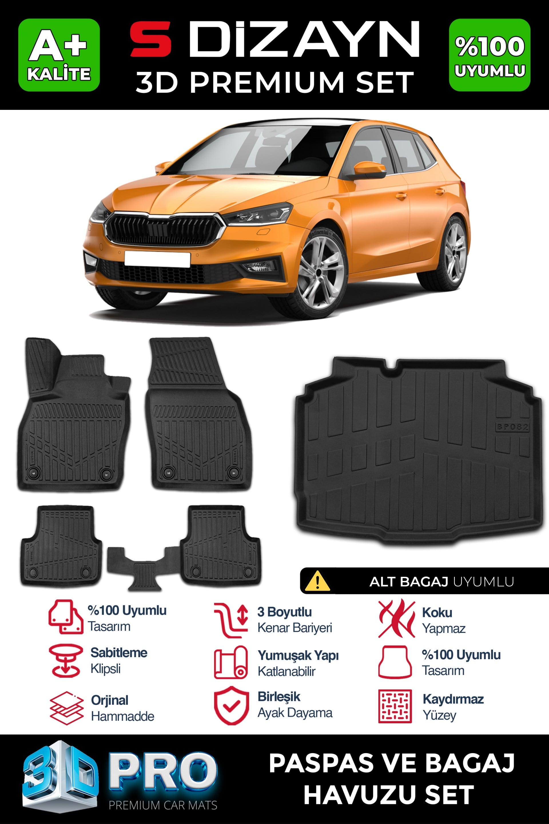 S-Dizayn Skoda Fabia 4 3D Pro Havuzlu Paspas ve Alt Bagaj Havuzu Seti (2li SET) 2021 Üzeri A+ Kalite