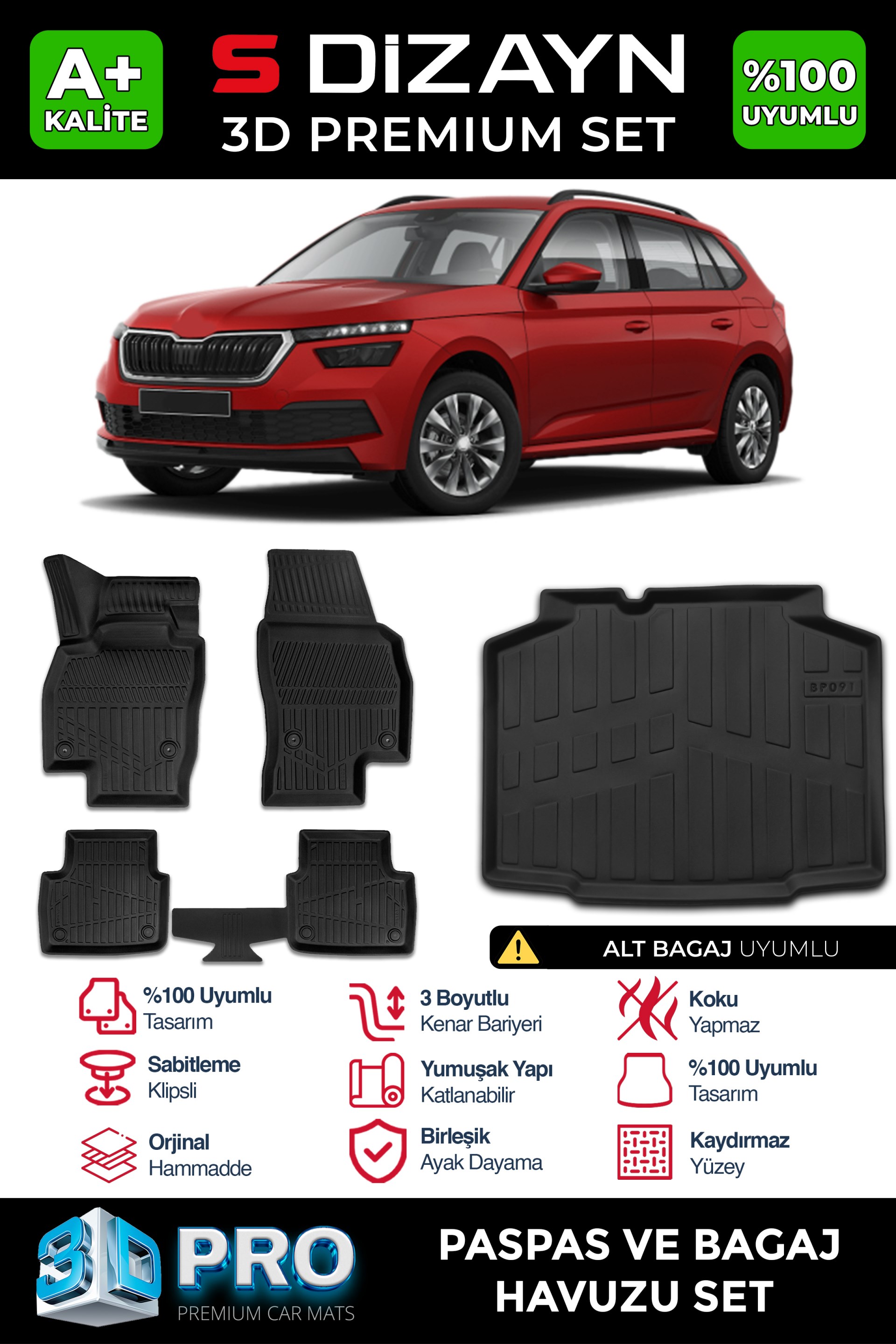 S-Dizayn Skoda Kamiq 3D Pro Havuzlu Paspas ve Bagaj Havuzu Seti (2li SET) 2019 Üzeri A+ Kalite