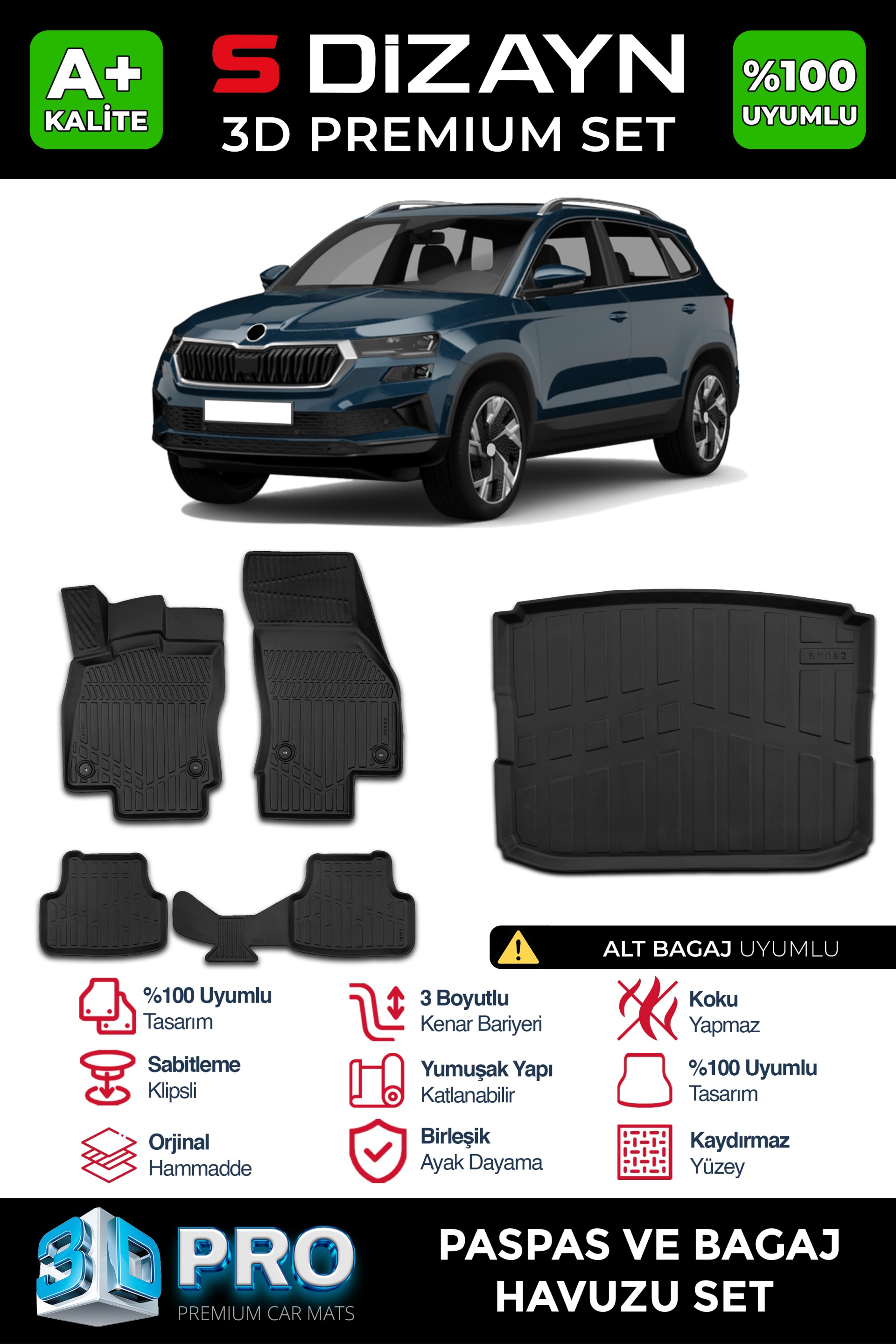 S-Dizayn Skoda Karoq 3D Pro Havuzlu Paspas ve Alt Bagaj Havuzu Seti (2li SET) 2018 Üzeri A+ Kalite