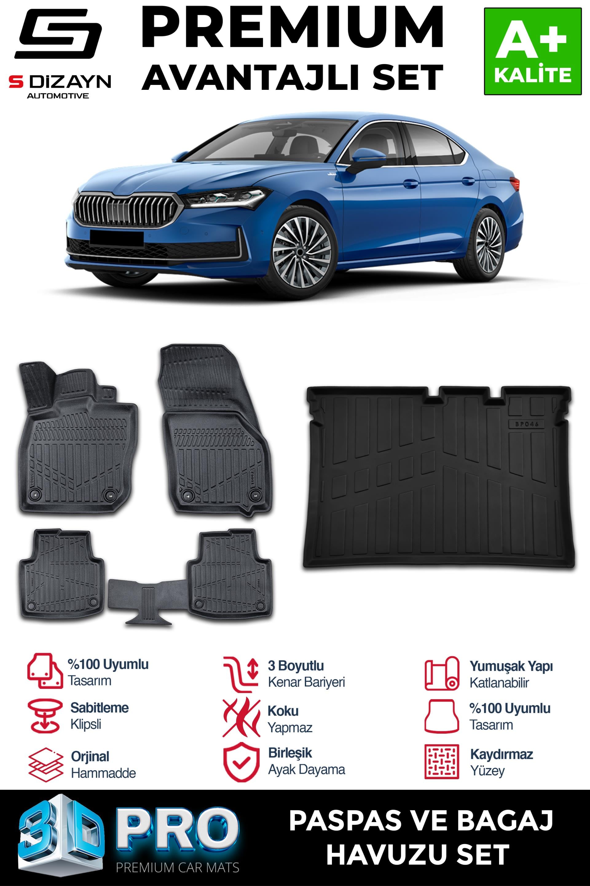 S-Dizayn Skoda SuperB 3D Pro Havuzlu Paspas ve Bagaj Havuzu Seti (2li SET) 2024 Üzeri A+ Kalite