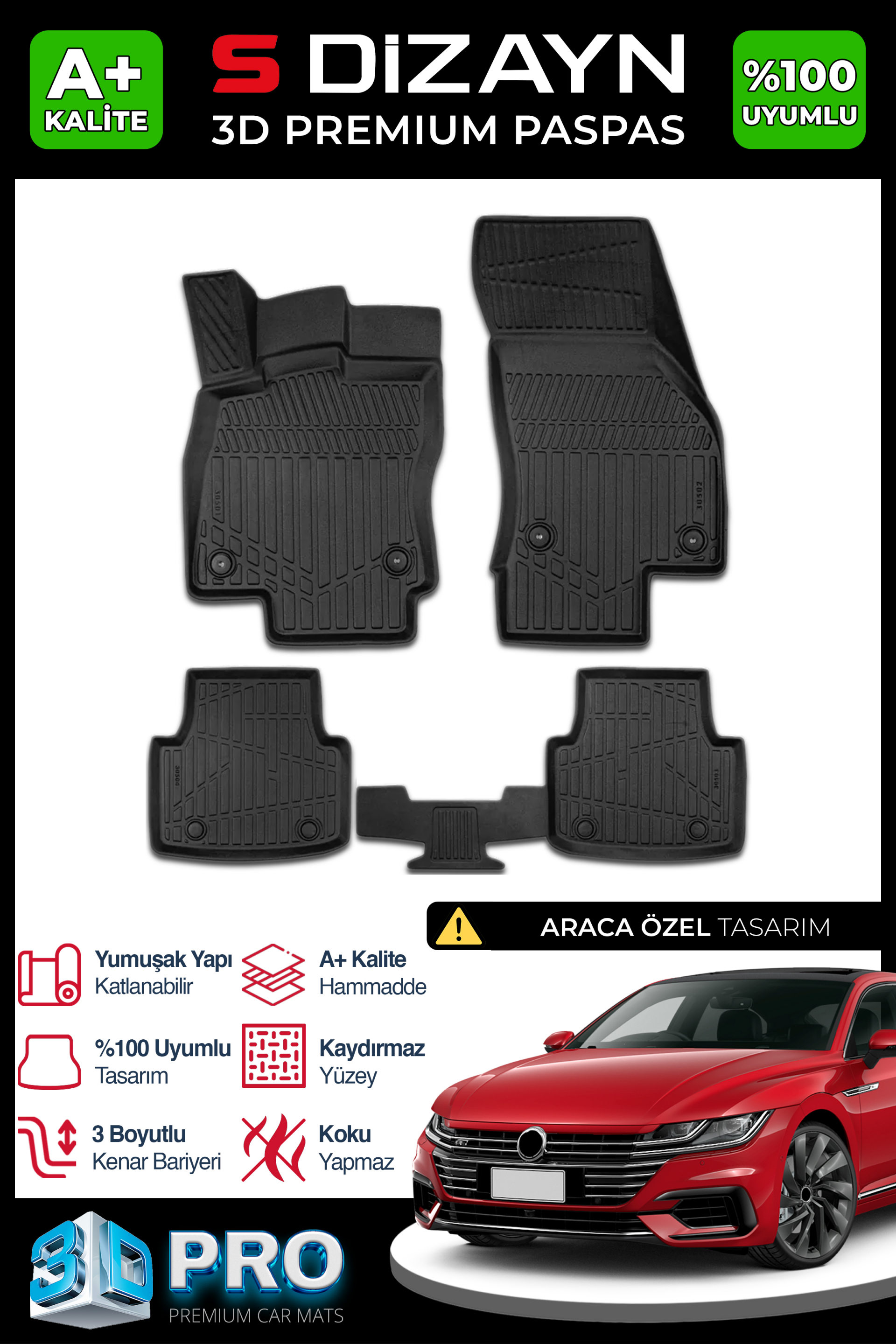 S-Dizayn VW Arteon 3D Pro Havuzlu Paspas 2017 Üzeri A+ Kalite