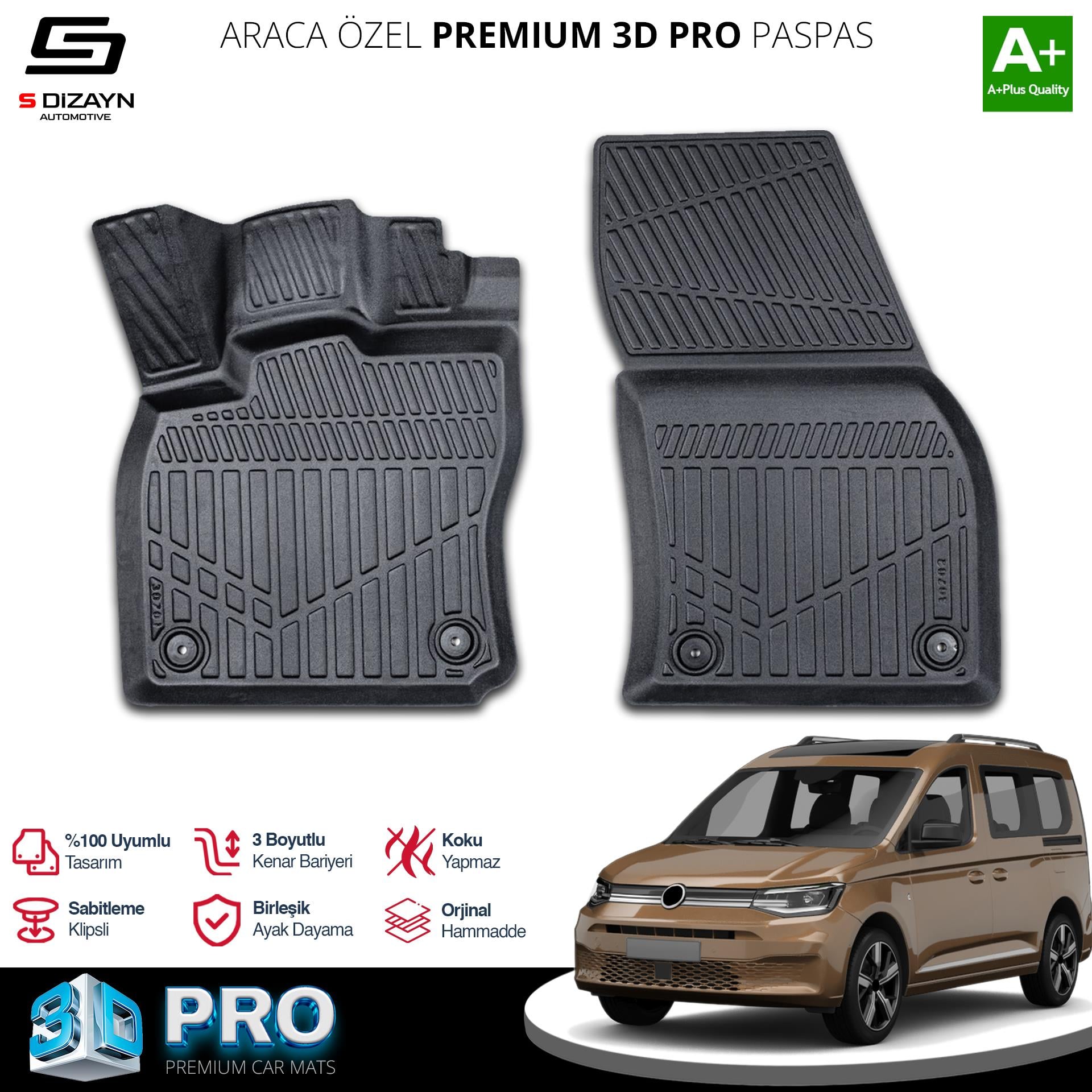 S-Dizayn VW Caddy Panelvan 3D Pro Havuzlu Paspas Ön 2Li 2020 Üzeri A+ Kalite