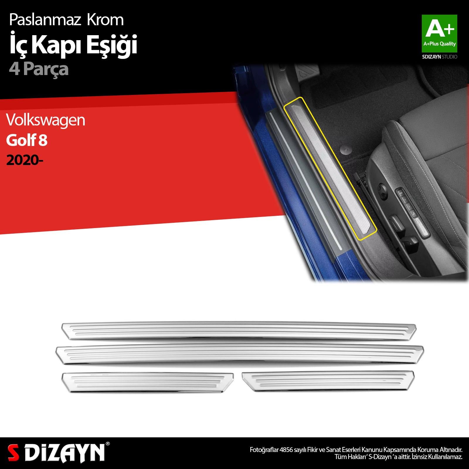 S-Dizayn VW Golf 8 HB Krom İç Kapı Eşiği 4 Prç. 2020-2024