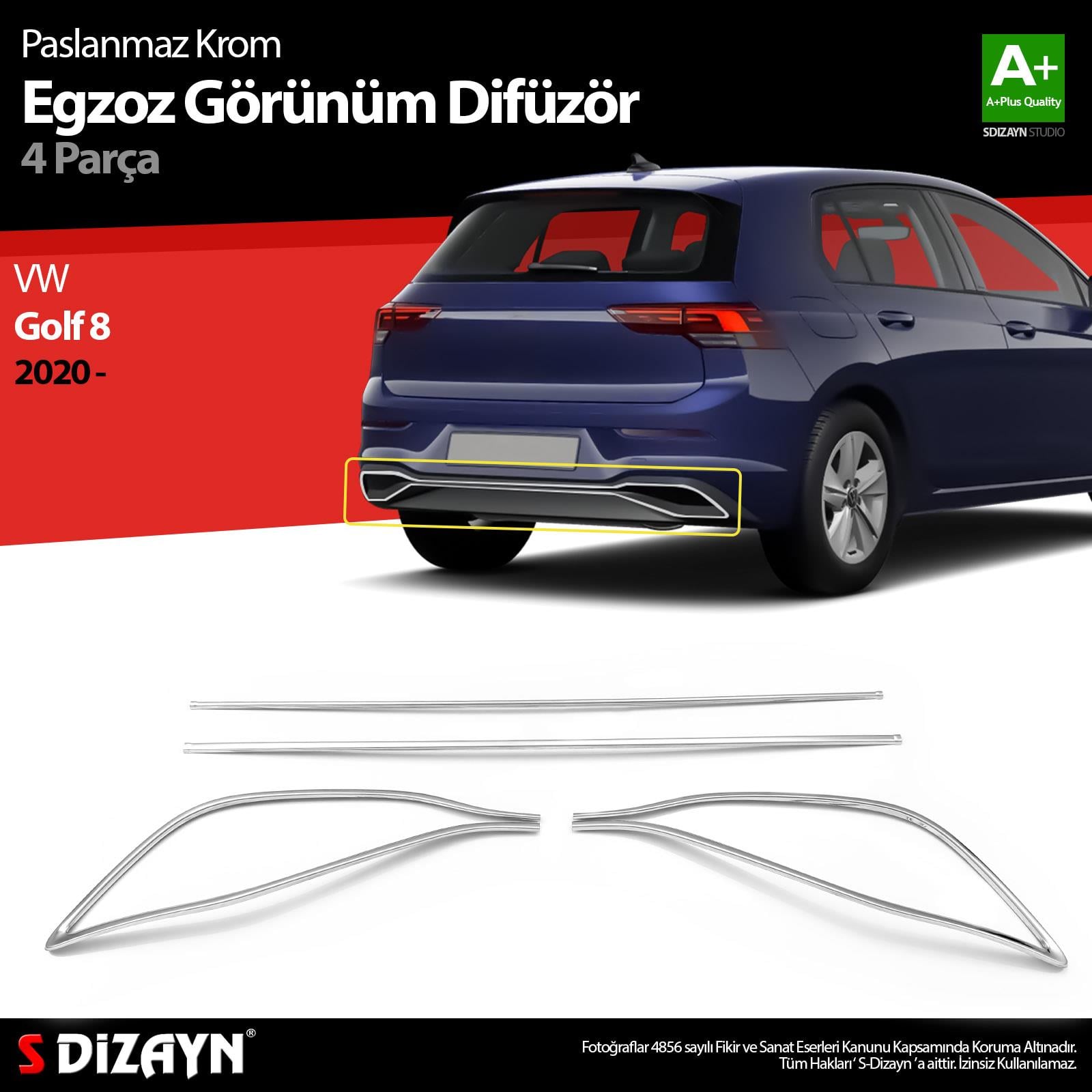 S-Dizayn VW Golf 8 Krom Egzoz Görünümü Difüzör 4 Prç. 2020 Üzeri A+ Kalite
