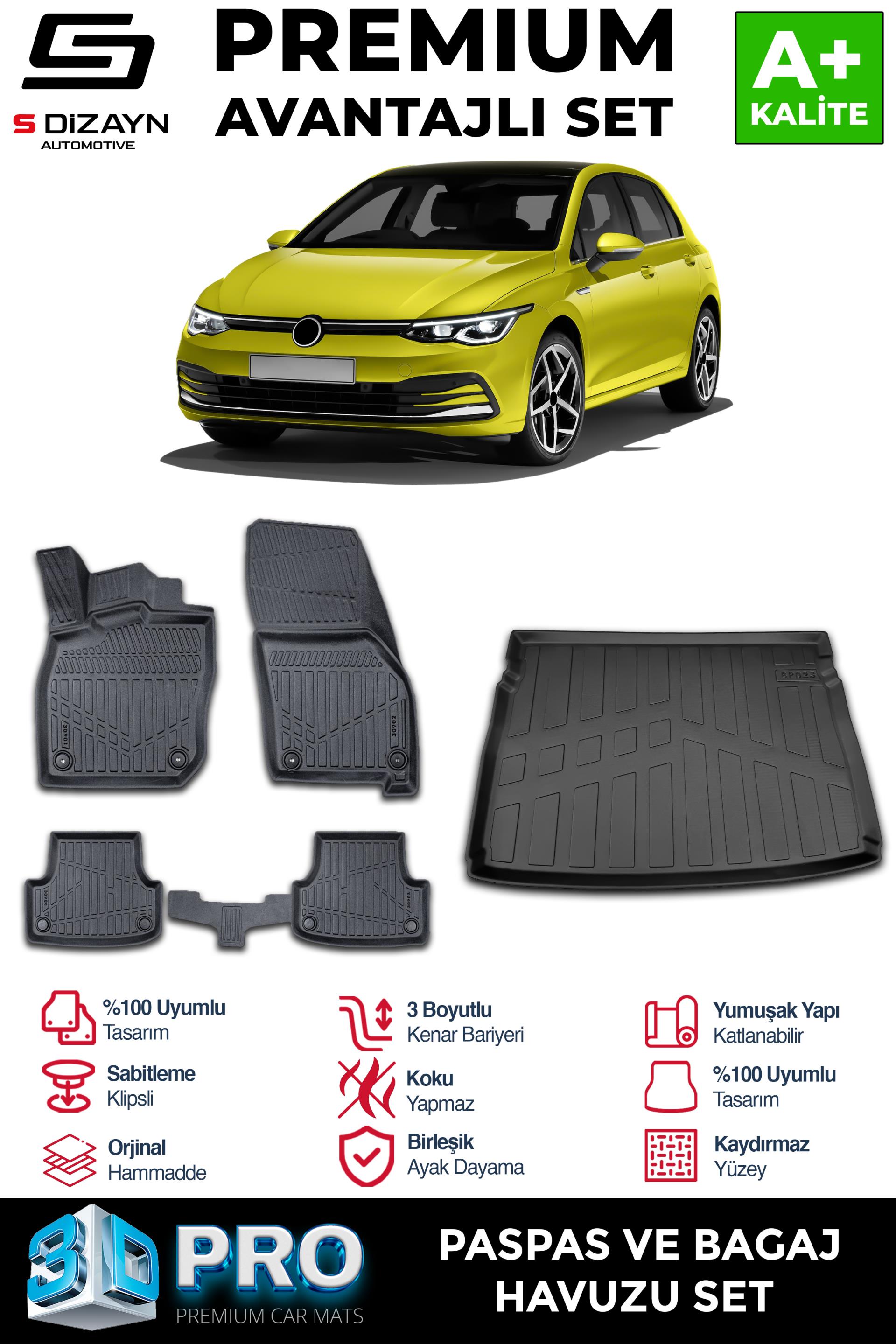 S-Dizayn VW Golf 8 Manuel 3D Pro Havuzlu Paspas ve Üst Bagaj Havuzu Seti (2li SET)  2020-2024 A+ Kalite