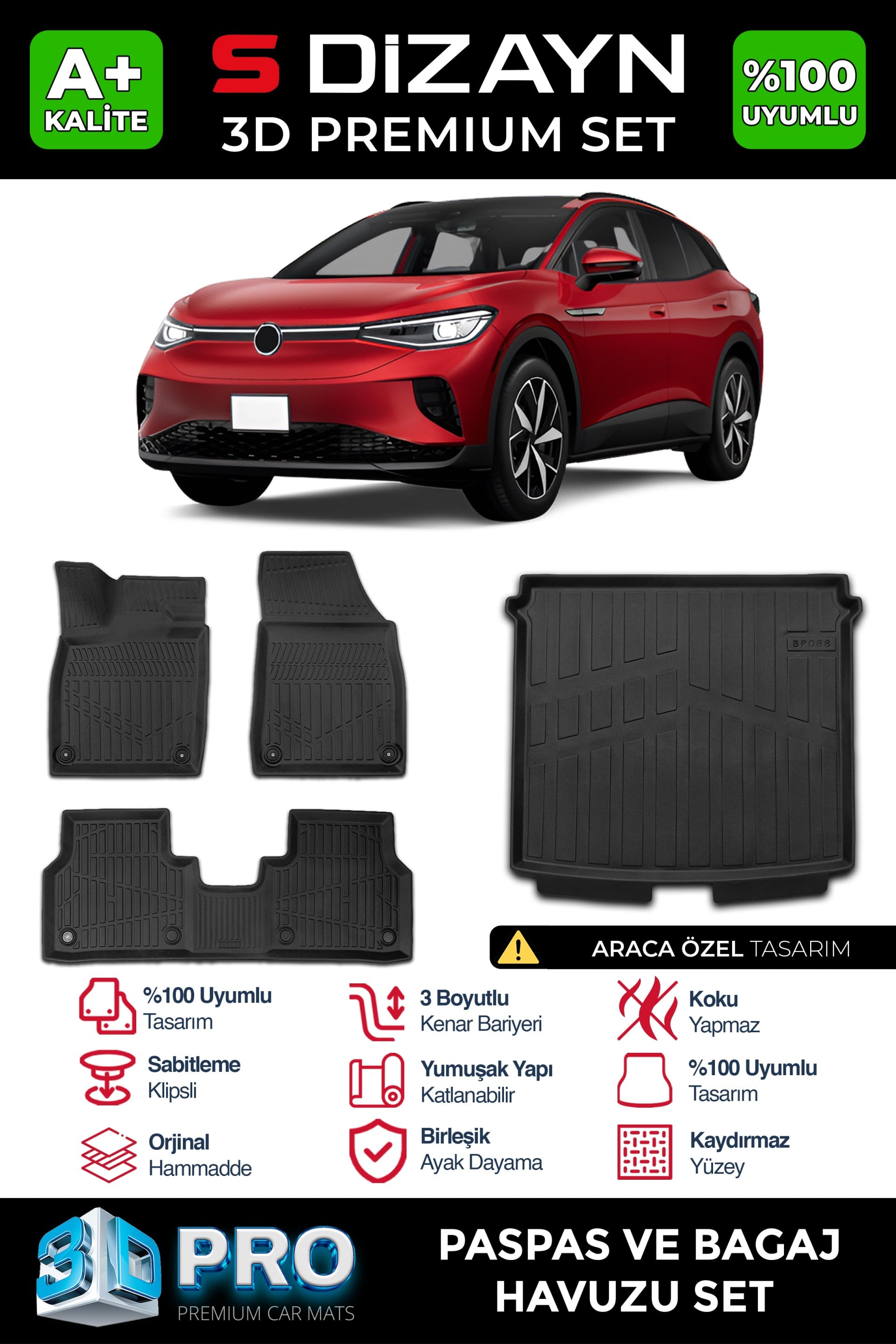 S-Dizayn VW ID4 3D Pro Paspas ve Bagaj Havuzu Seti (2li SET)  2024 Üzeri A+ Kalite
