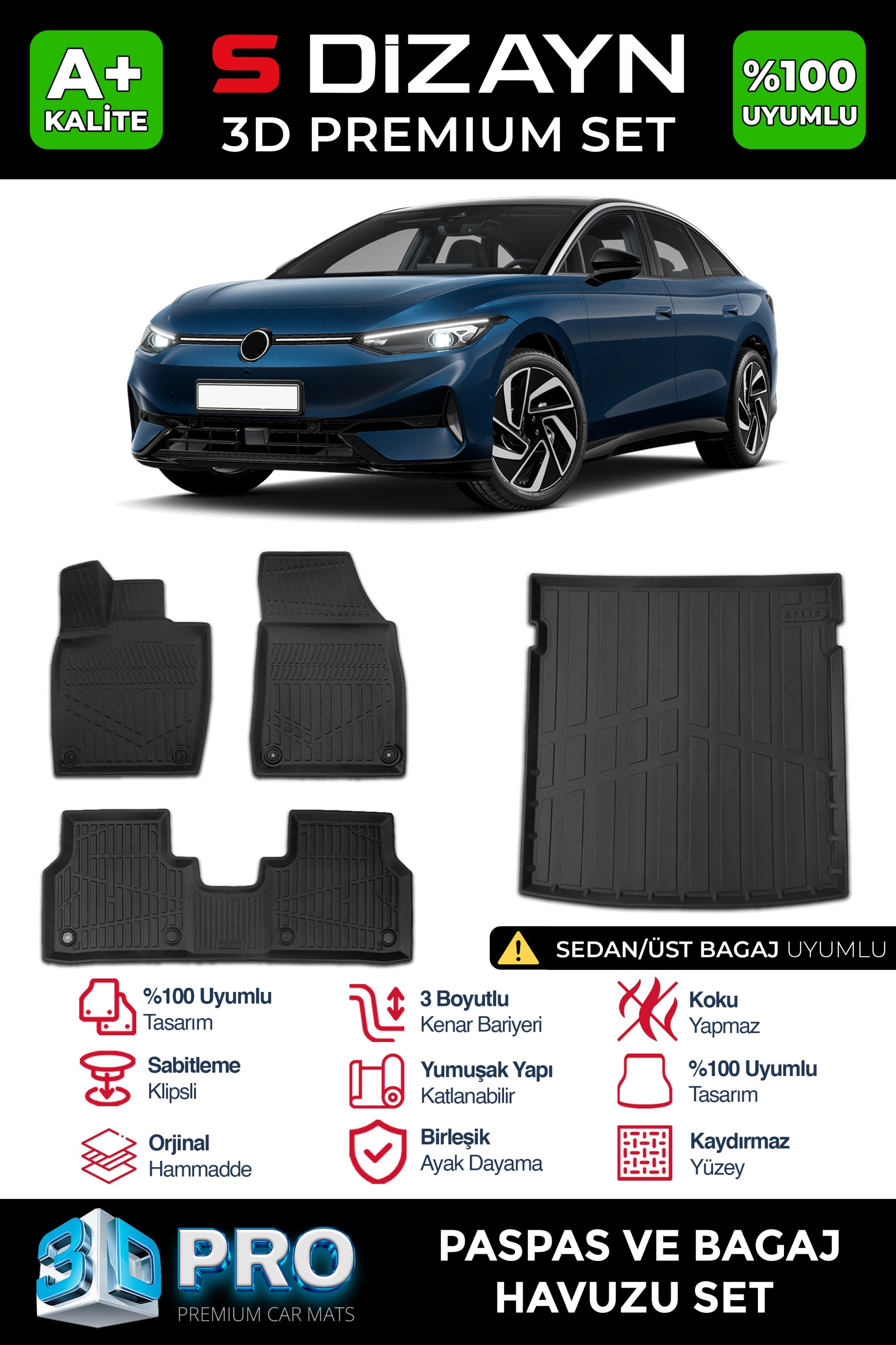 S-Dizayn VW ID7 D Pro Havuzlu Paspas ve Bagaj Havuzu Seti (2li SET) 2023 Üzeri A+ Kalite