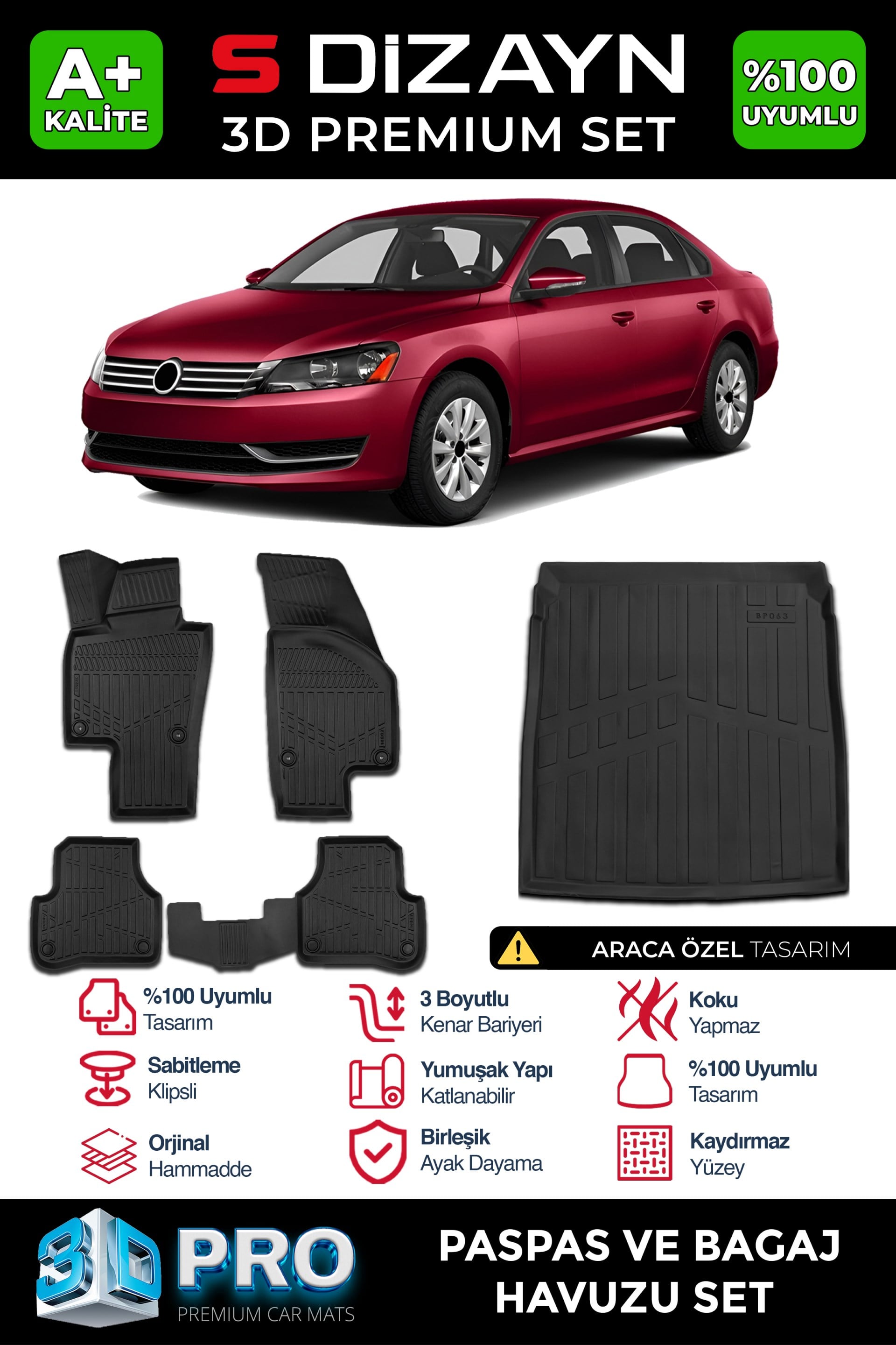 S-Dizayn VW Passat B7 3D Pro Havuzlu Paspas ve Bagaj Havuzu Seti (2li SET) 2010-2014 A+ Kalite