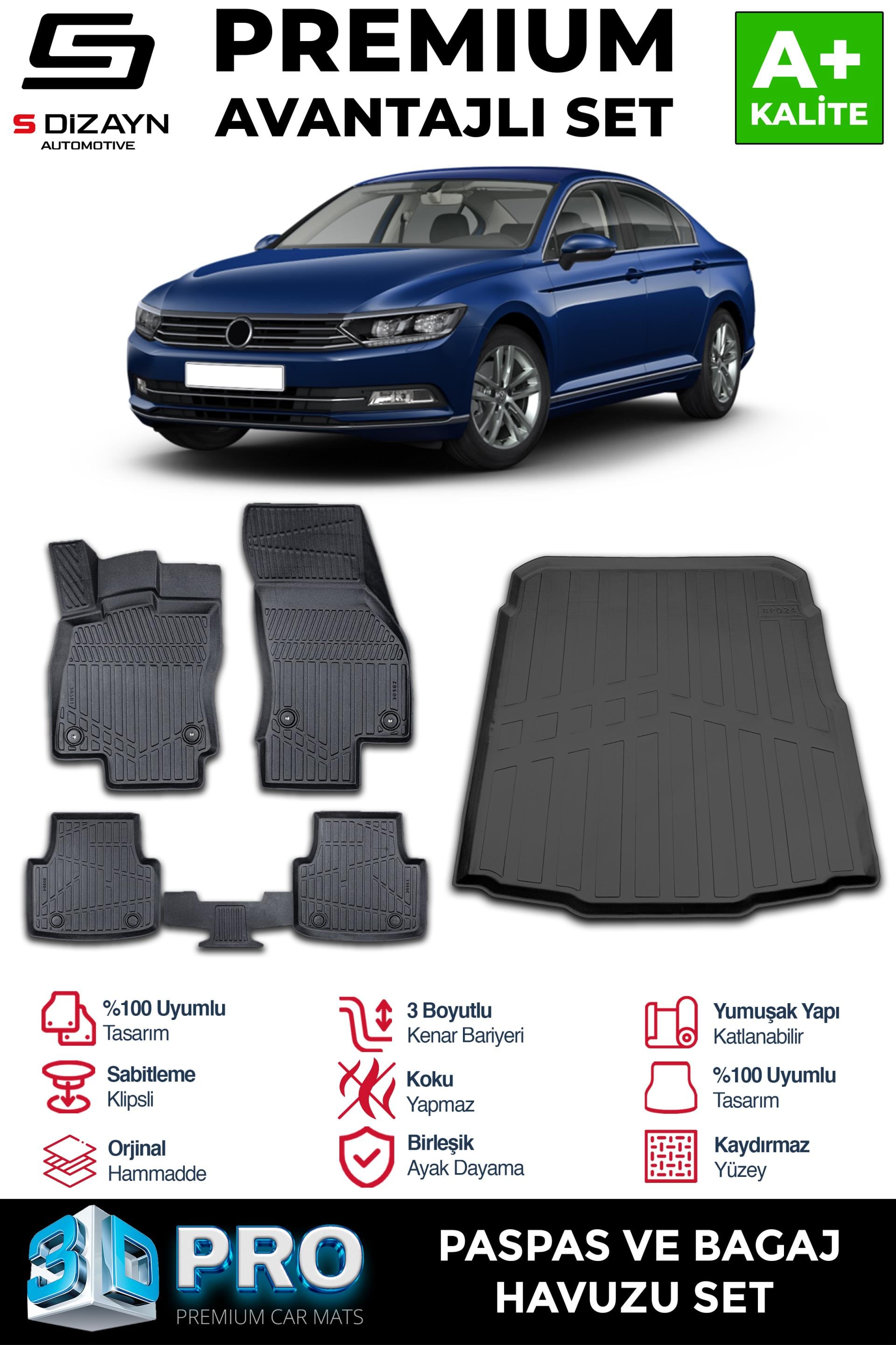 S-Dizayn VW Passat B8 3D Pro Havuzlu Paspas ve Bagaj Havuzu Seti (2li SET) 2015-2019 A+ Kalite