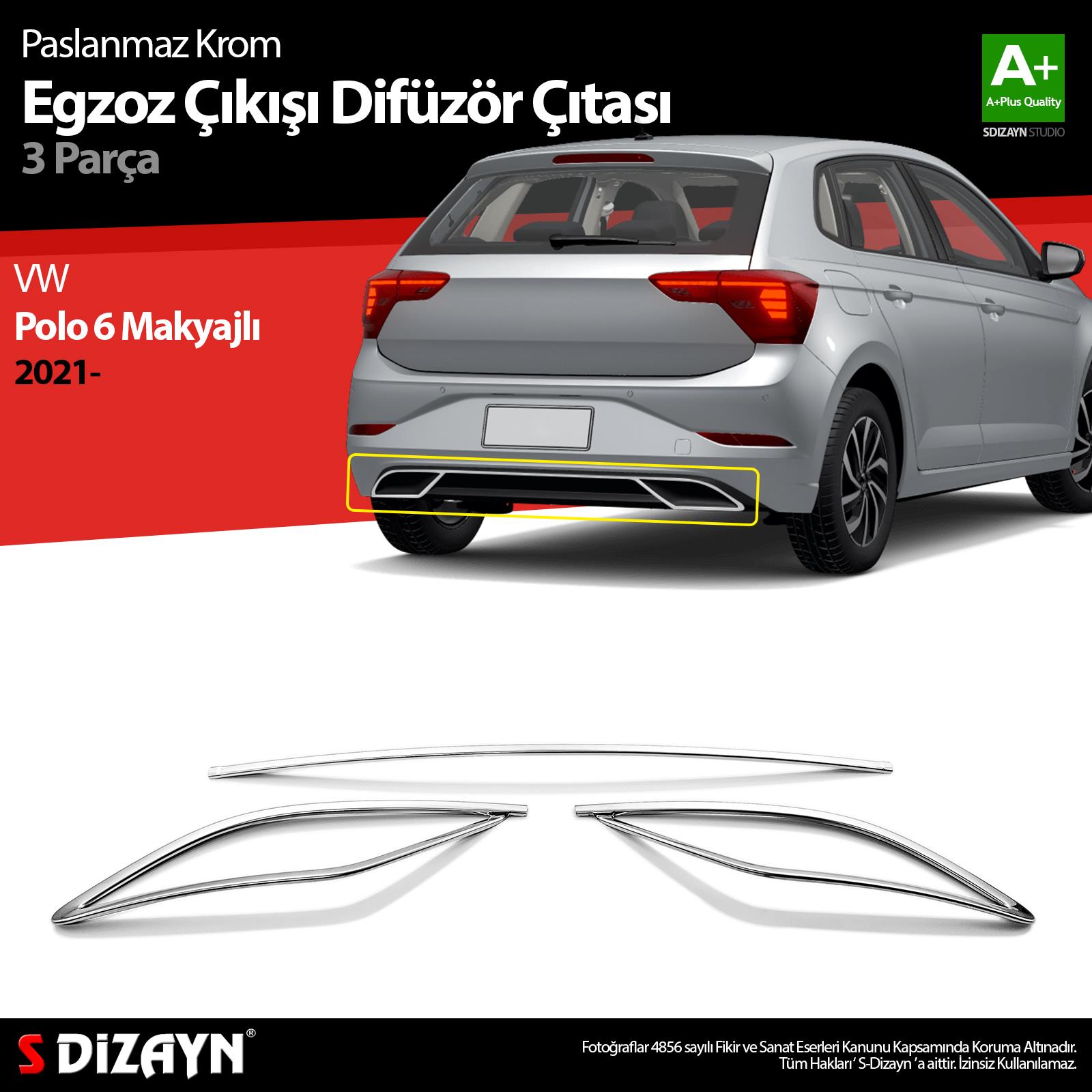S-Dizayn VW Polo 6 HB Makyajlı Krom Egzoz Çıkışı Difüzör 3 Prç. 2021 Üzeri