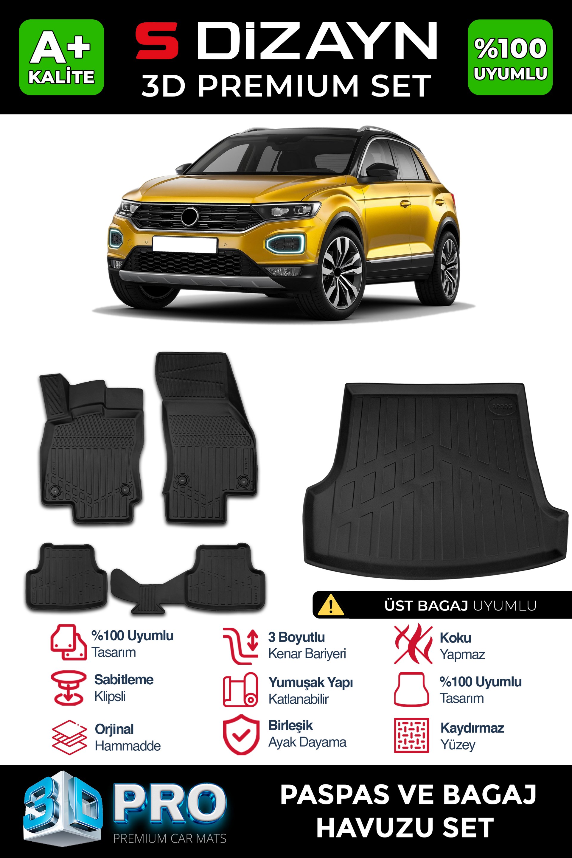 S-Dizayn VW T-Roc 3D Pro Havuzlu Paspas ve Üst Bagaj Havuzu Seti (2li SET) 2019-2021 A+ Kalite