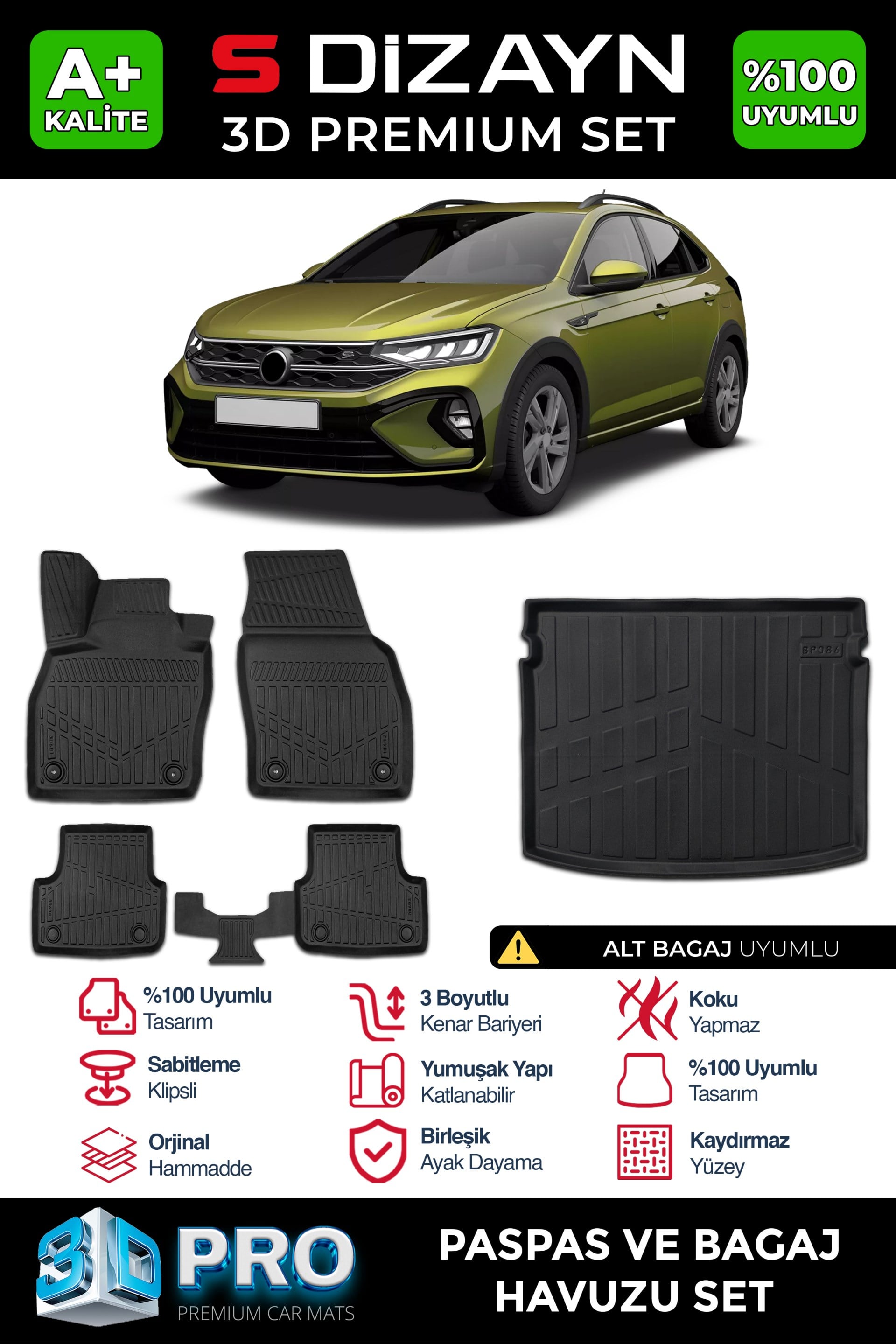 S-Dizayn VW Taigo 3D Pro Havuzlu Paspas ve Alt Bagaj Havuzu Seti (2li SET) 2020 Üzeri A+ Kalite