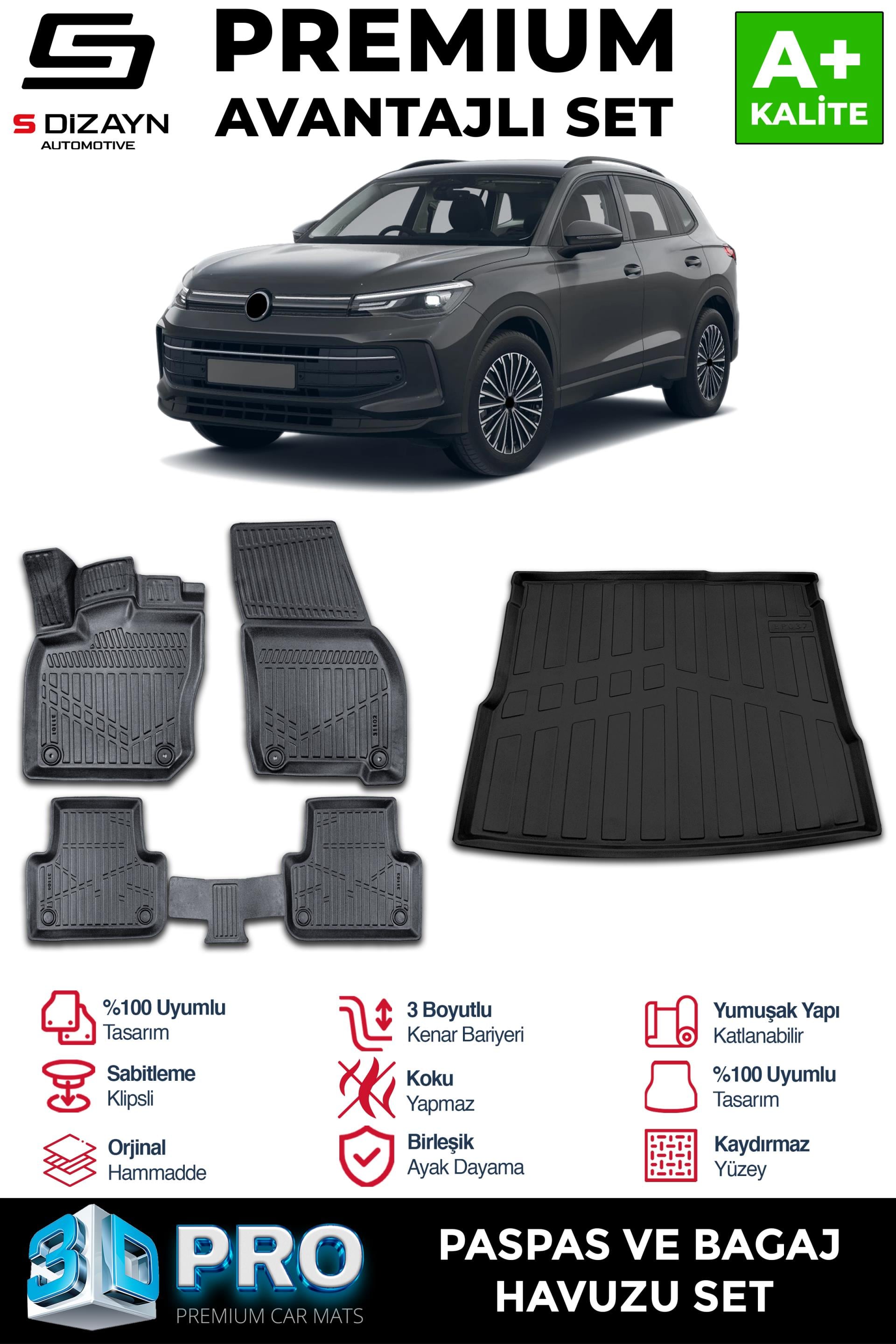 S-Dizayn VW Tiguan 3D Pro Havuzlu Paspas ve Bagaj Havuzu Seti (2li SET) 2024 Üzeri A+ Kalite