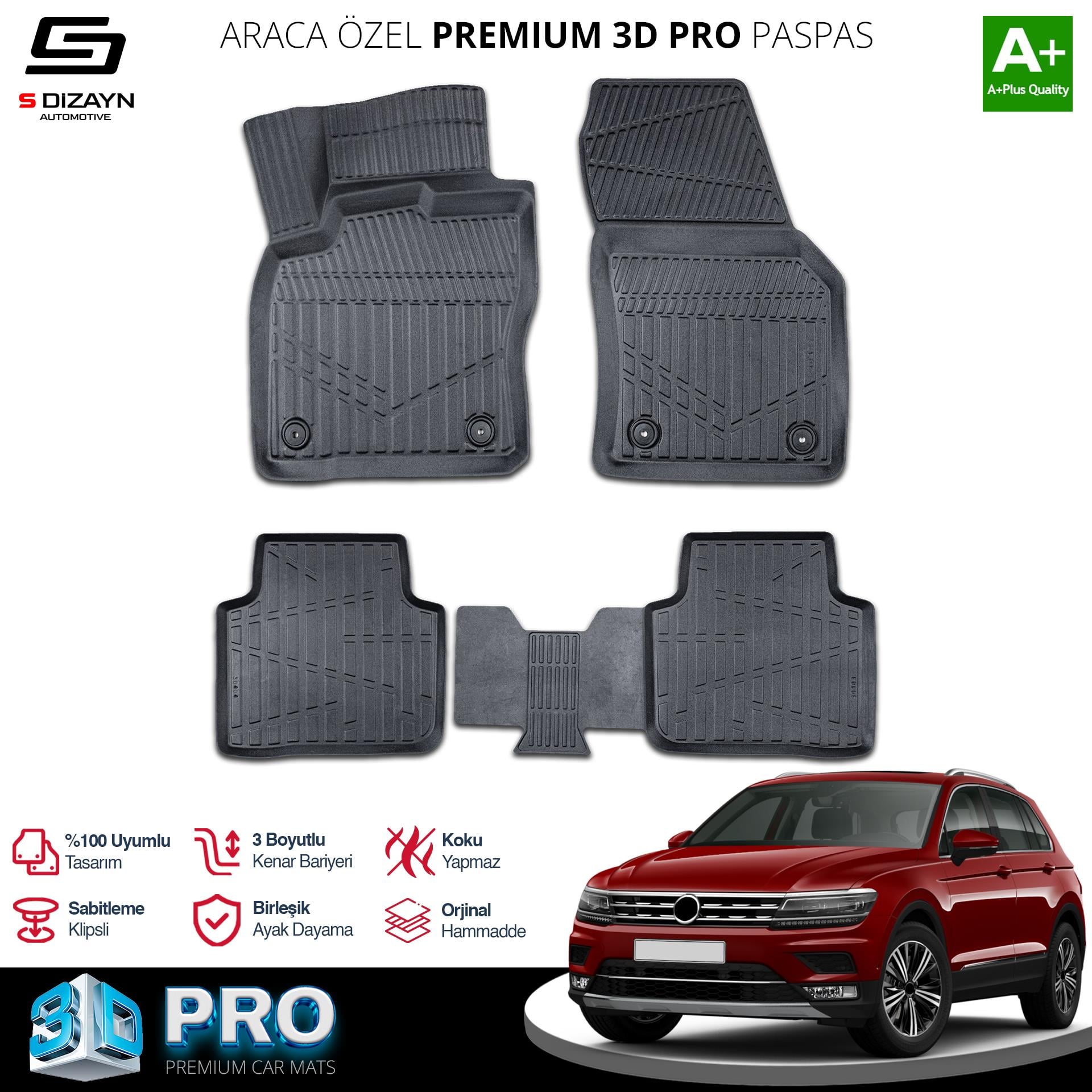 S-Dizayn VW Tiguan Allspace 3D Pro Havuzlu Paspas 2016-2024 A+ Kalite