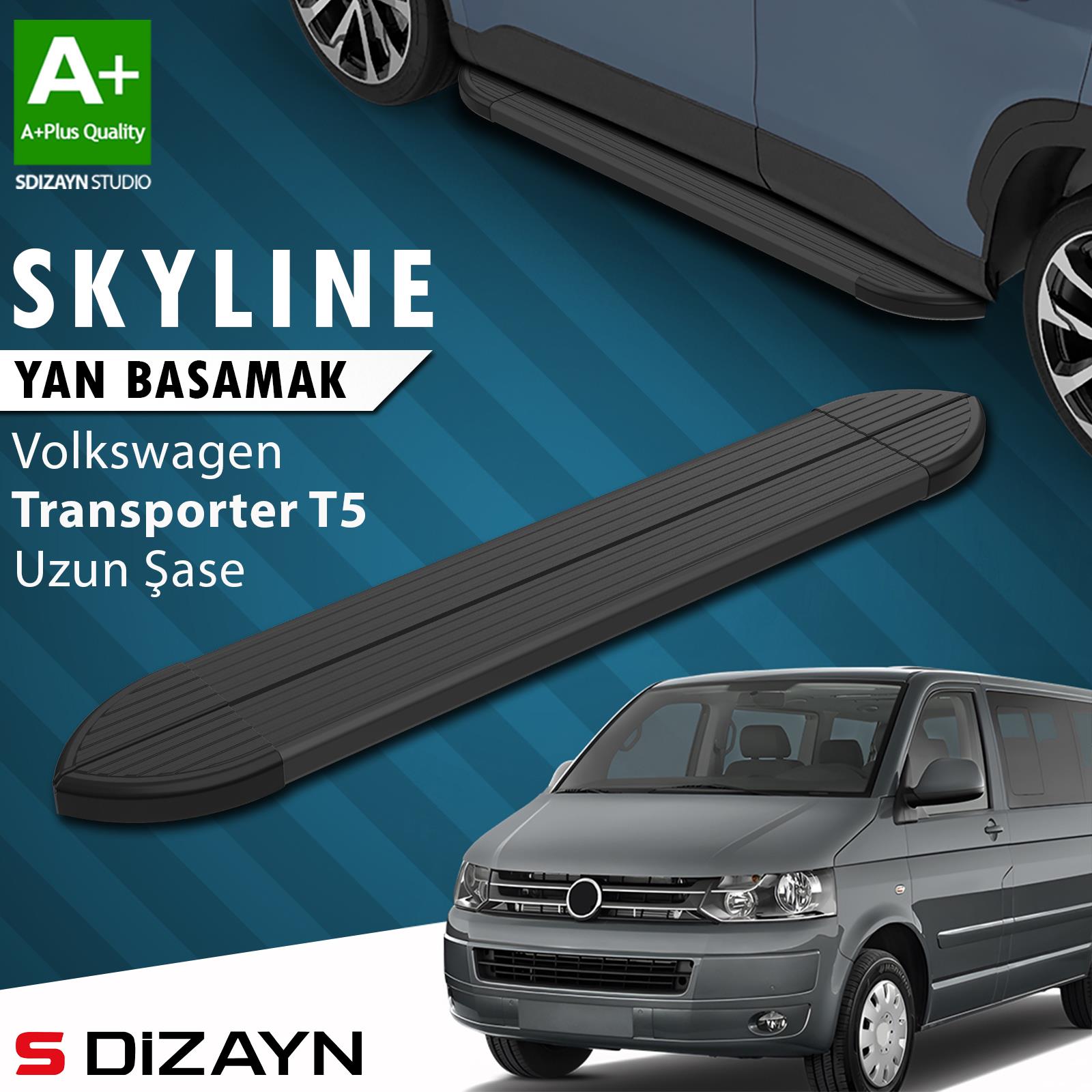 VW Transporter T5 Uzun Şase Skyline Siyah Yan Basamak 253 Cm 2003-2015 A+ Kalite