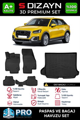 S-Dizayn Audi Q2 3D Pro Havuzlu Paspas ve Üst Bagaj Havuzu Seti (2li SET) 2017-2023 A+ Kalite