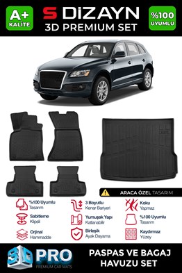 S-Dizayn Audi Q5 3D Pro Havuzlu Paspas ve Bagaj Havuzu Seti (2li SET) 2009-2017 A+ Kalite